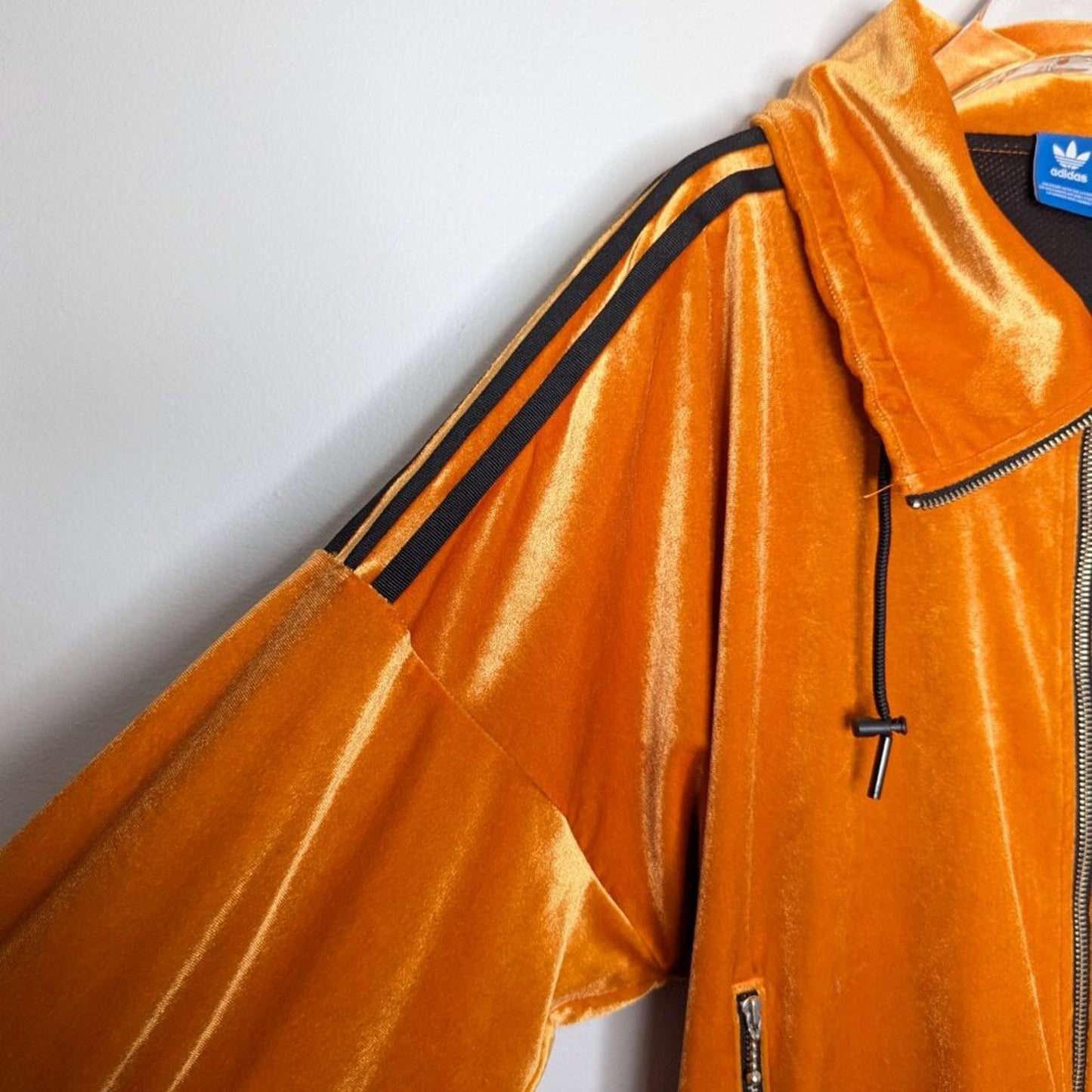 Adidas Orange Velvet Track Jacket Zip Up Oversized Pockets 3 Stripes Size S