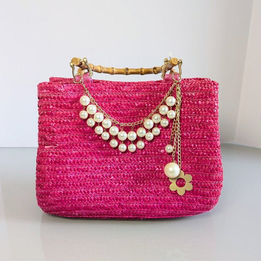 Vintage Hot Pink Woven Bag Bamboo Handles Upcycled Jewelry Charms Pearls Flower