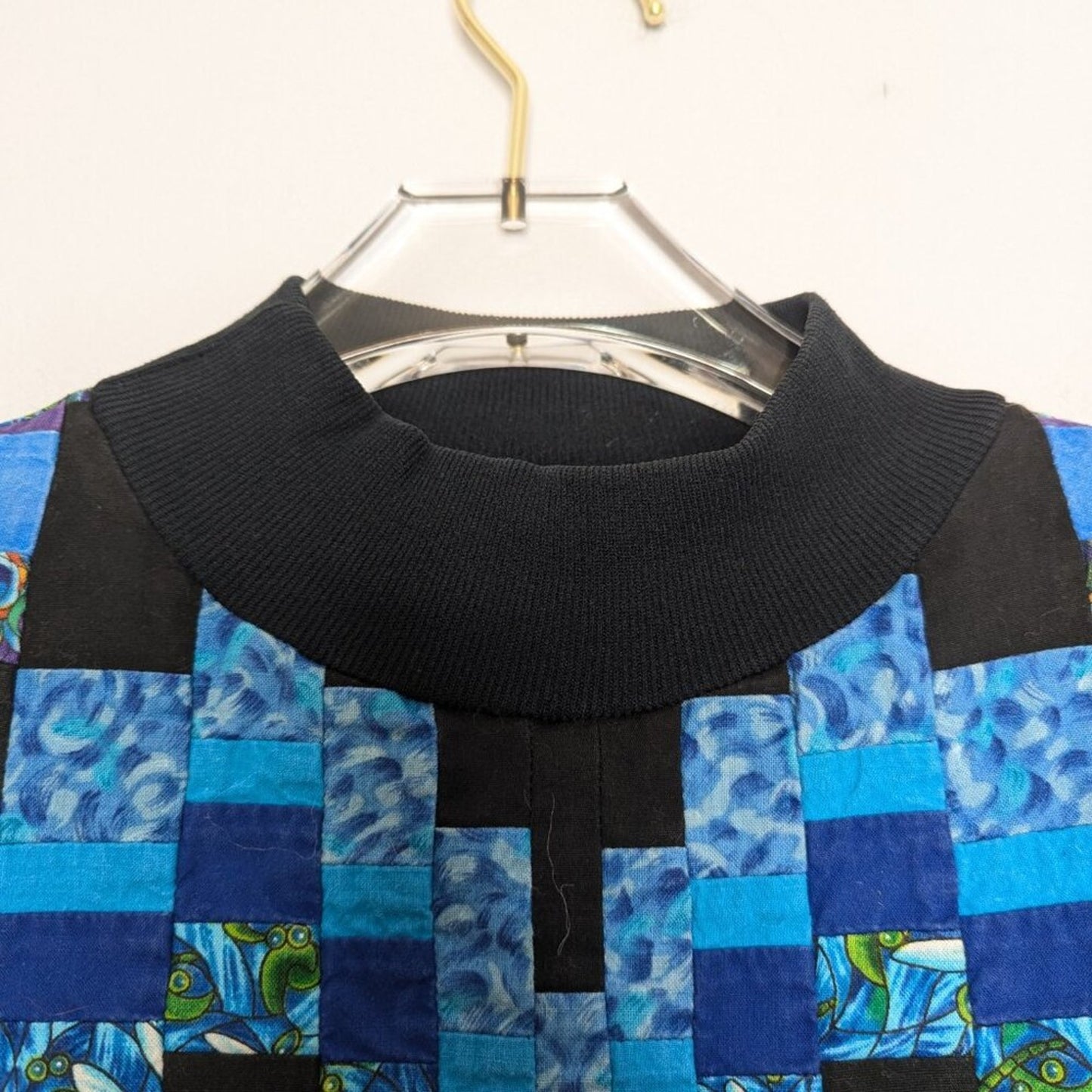 Vintage Black Blue Pixel Style Quilted Long Sleeve Top Dragonfly Abstract Print