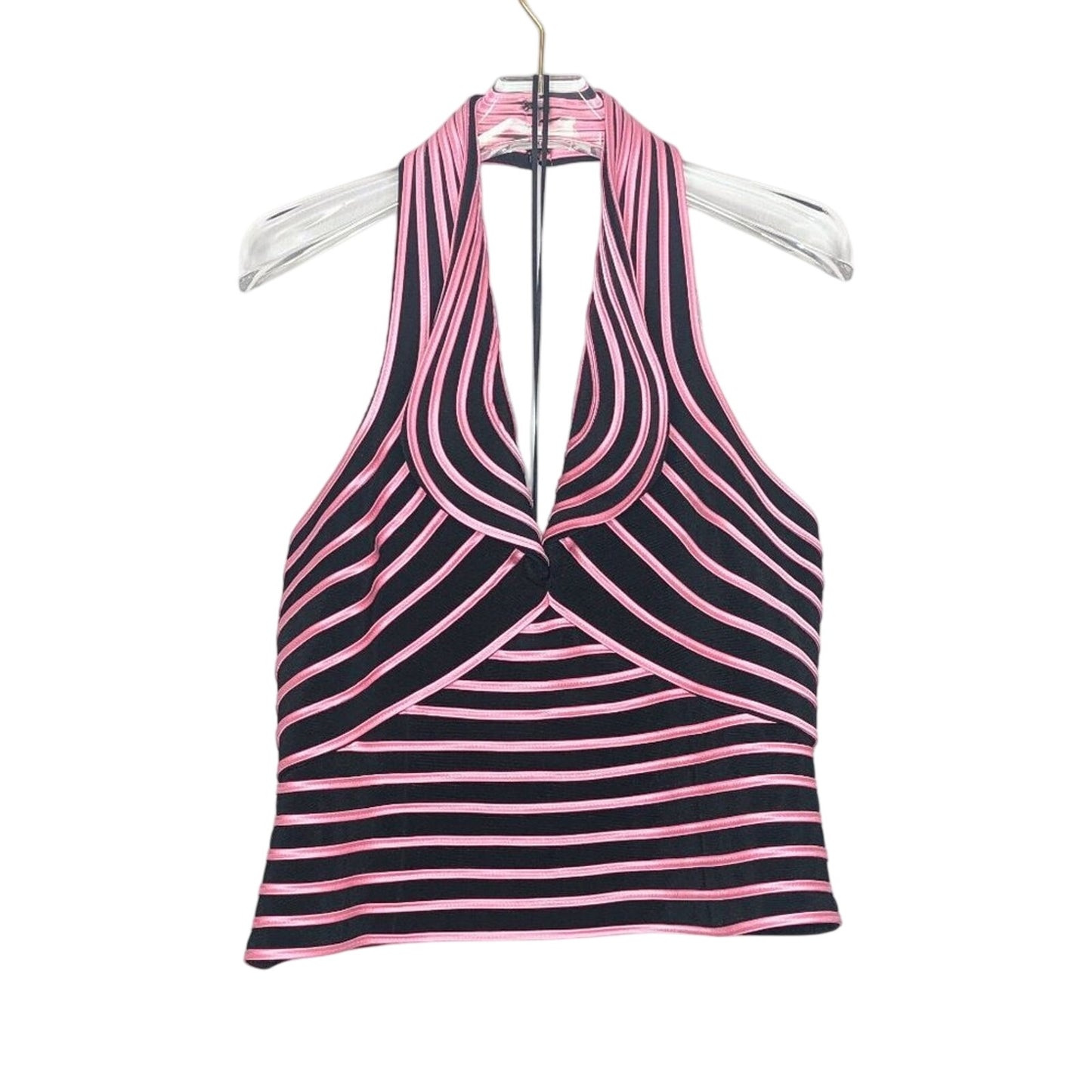 JS Collections Vintage Y2K Black And Hot Pink Halter Tank Top Striped V-Neck 14