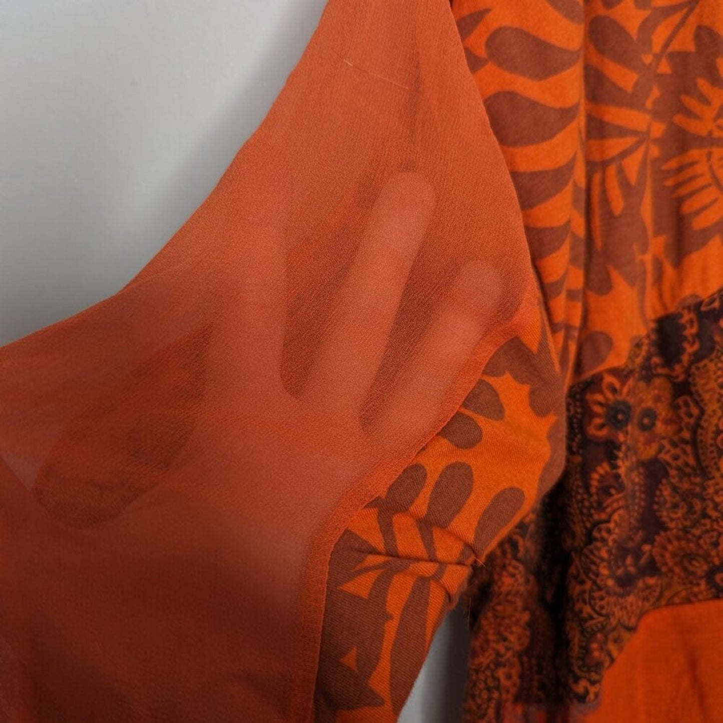 Language Orange Deep V-Neck Paisley Print Boho Blouse Semi Sheer Sleeve Size L