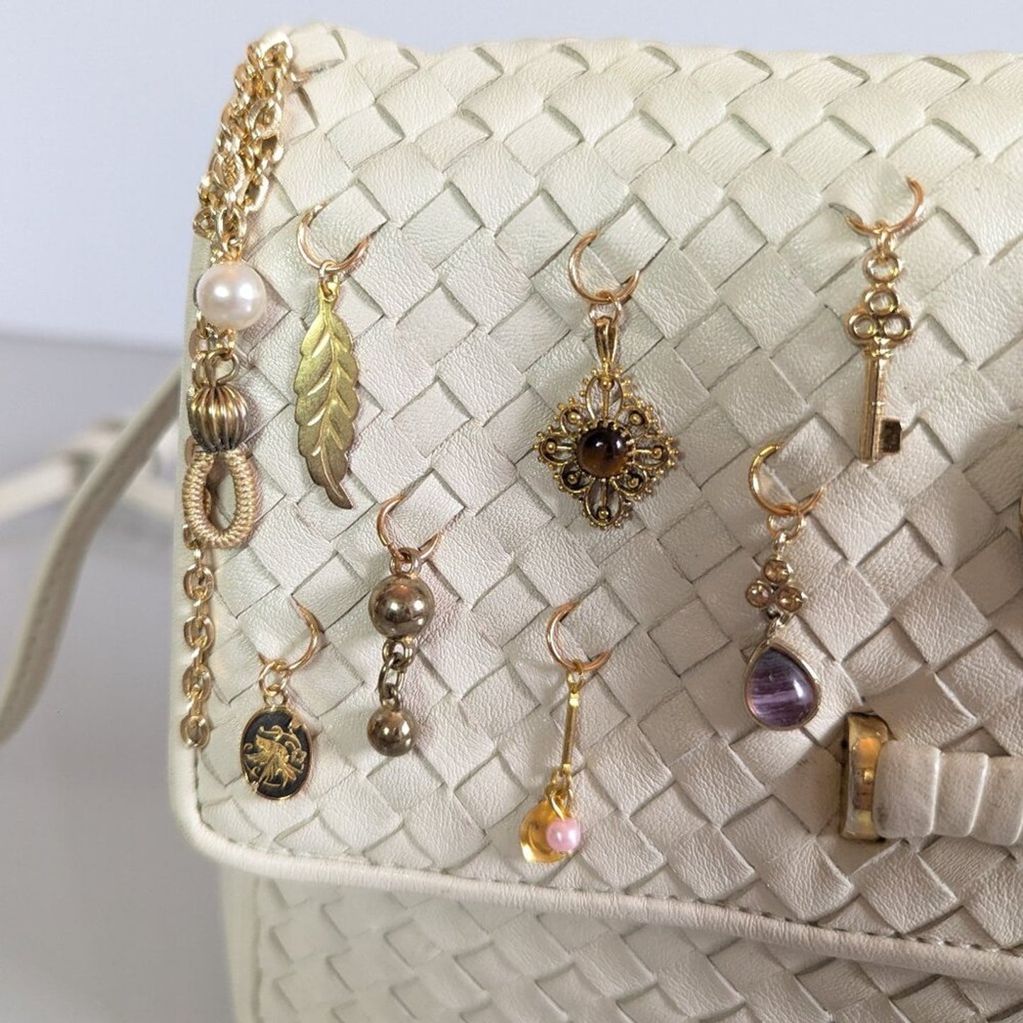 Vintage Cream Woven Ganson Crossbody Bag Upcycled Jewelry Charms Hearts Flowers