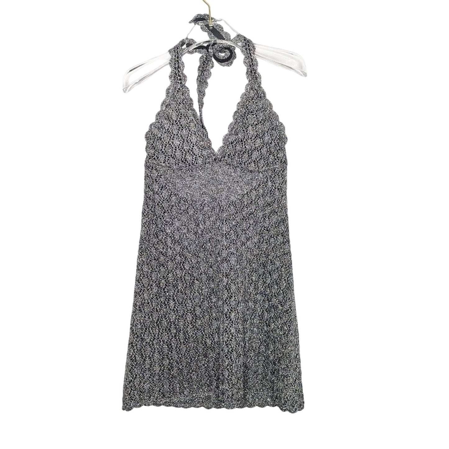 Becca By Rebecca Virtue Metallic Silver Crochet Mini Dress Beach Cover Up M