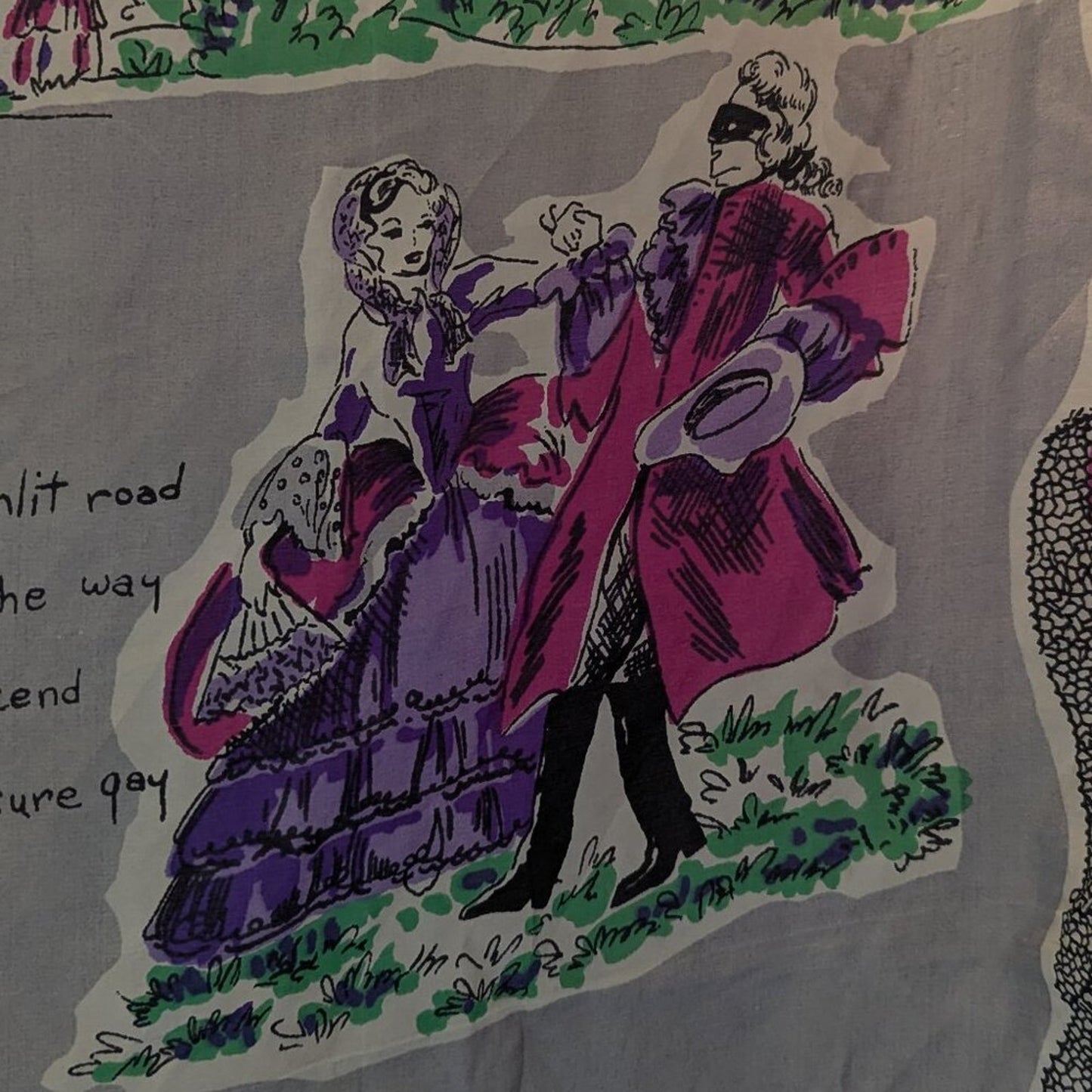 Vintage Gray Purple Silk Large Square Scarf Rococo Romance Imagery Rolled Edge