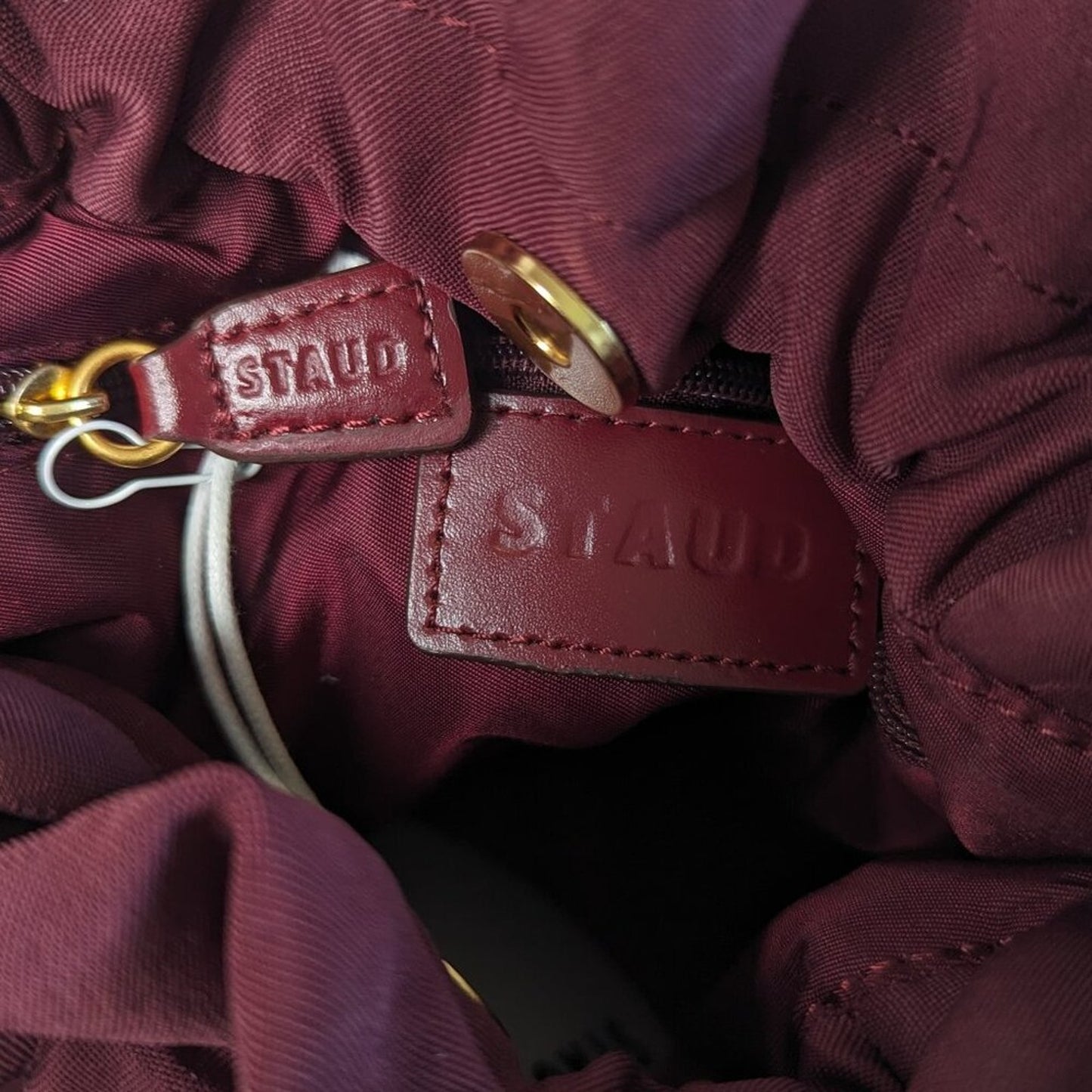 Staud Red Wine Satin Pearl Grace Bag Faux Pearl Bead Accent Top Handle NWT