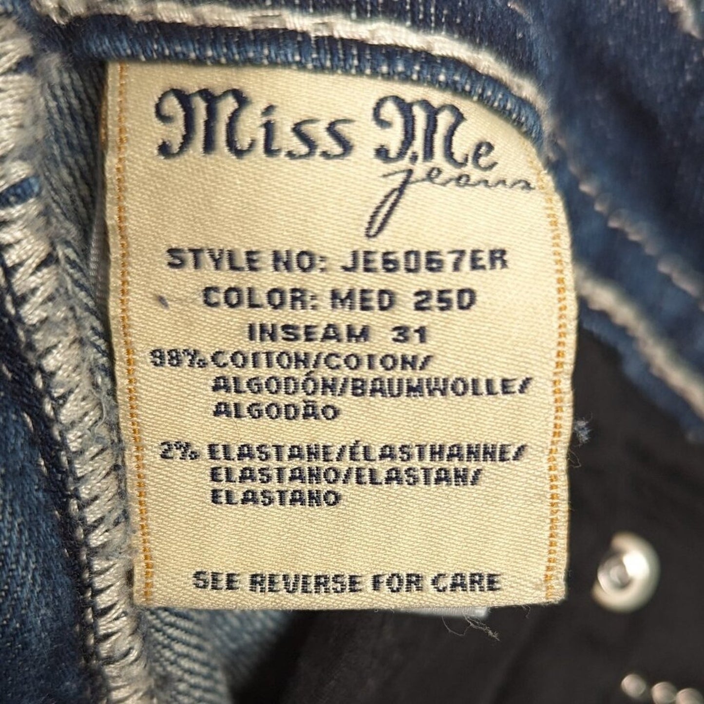 Miss Me Blue Sequin Low Rise Easy Boot Cut Jeans Button Pocket Jeweled 27