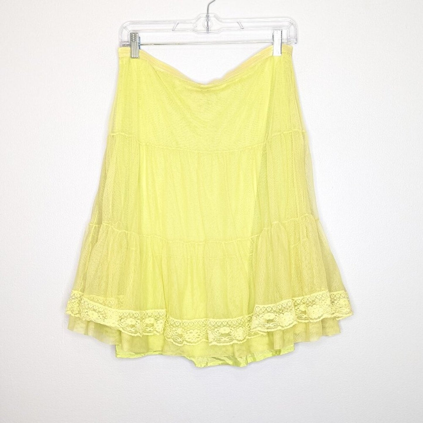 Vintage Free People Bright Yellow Green Tiered Skirt Lace Trim Layered Size L