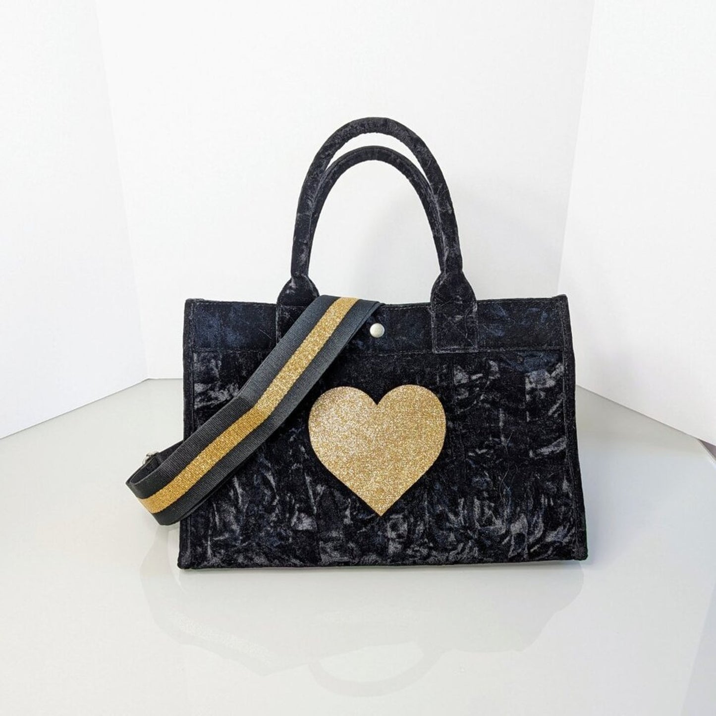 Quilted Koala Black Crushed Velvet Midi East West Bag Gold Glitter Heart Strap