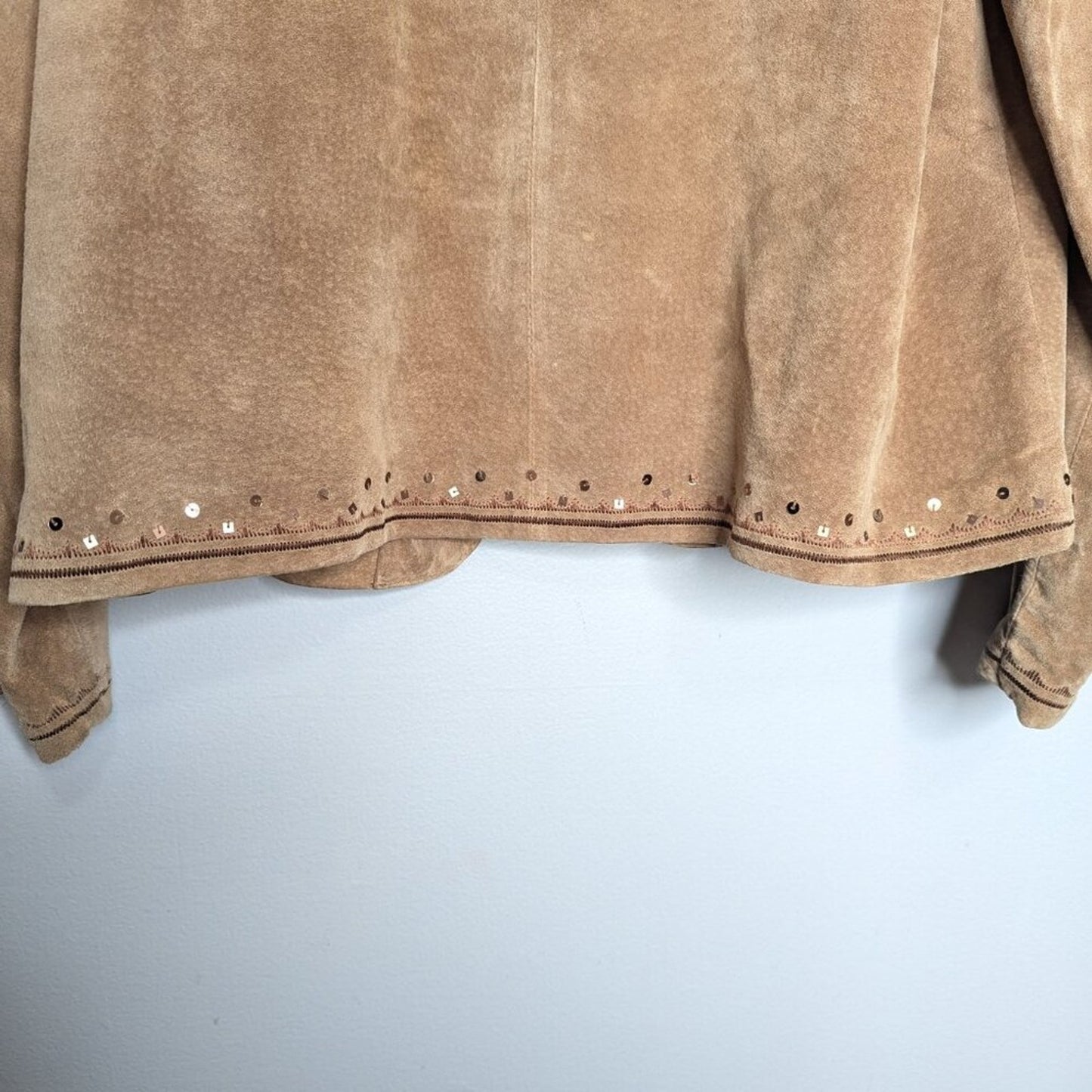 Chico's Vintage Tan Suede Long Sleeve Open Front Jacket Embroidered Sequins