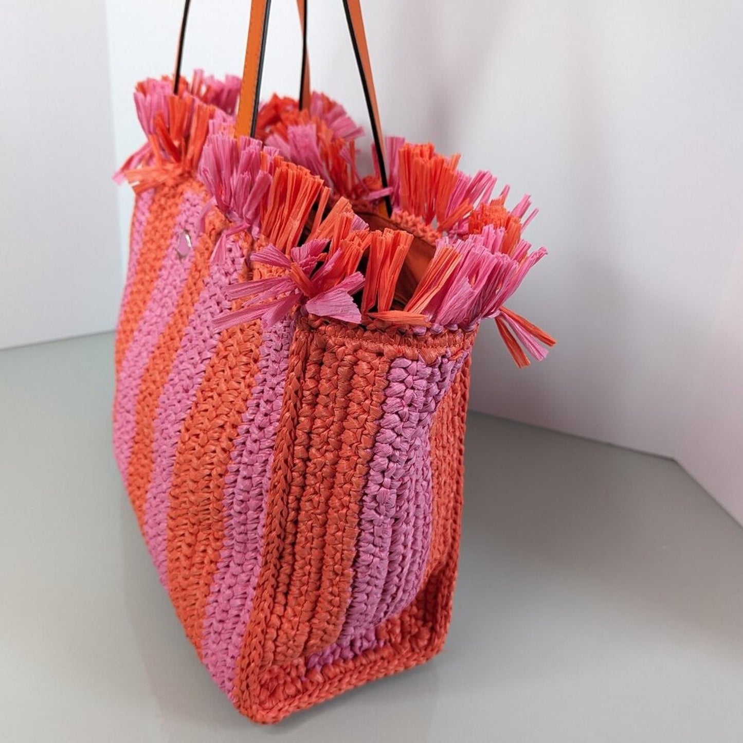 Kate Spade New York Pink Orange Sam Stripe Straw Large Tote Bag Woven Beach