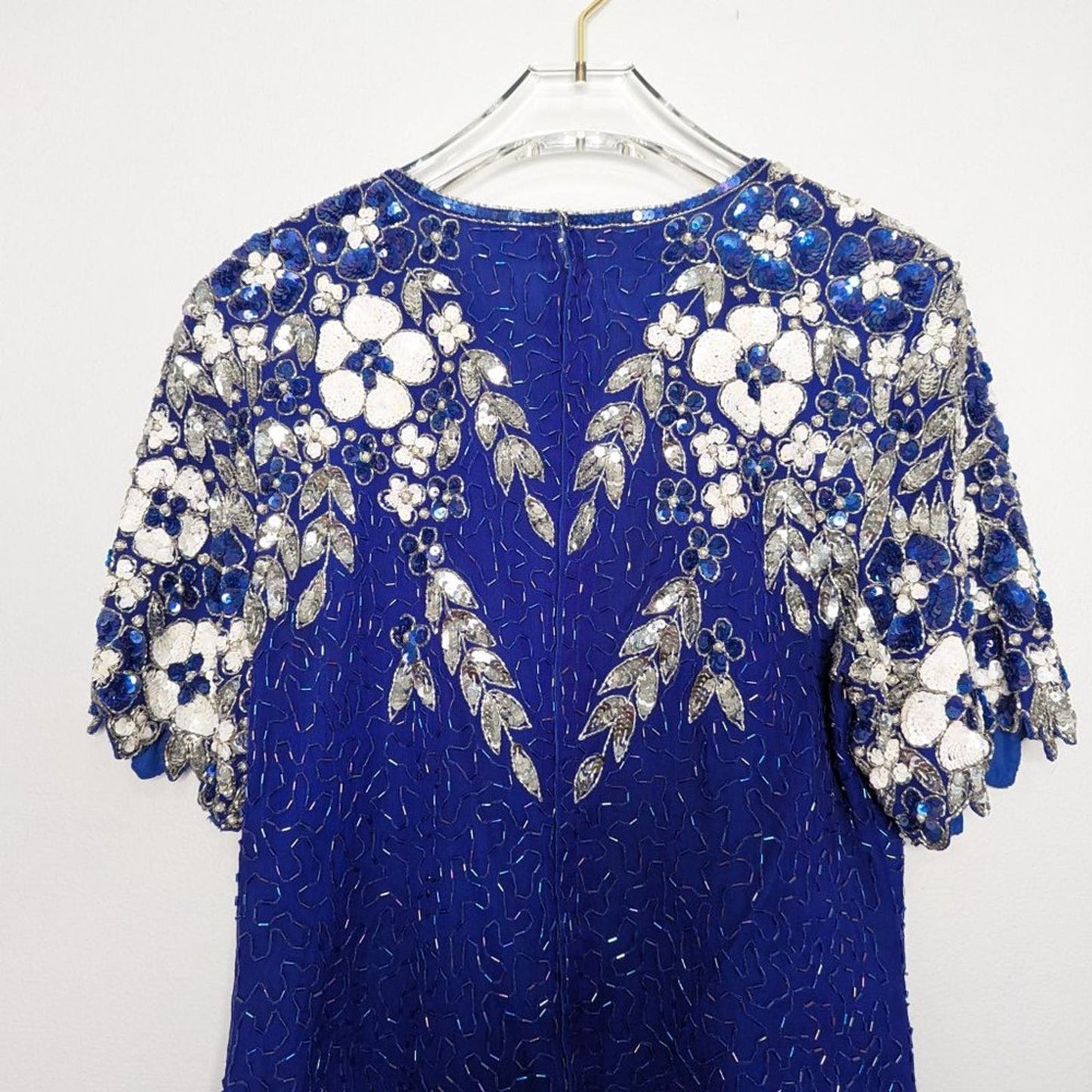 Vintage Stenay Blue Short Sleeve Sequin Beaded Top Floral Silk Back Zip Size 8