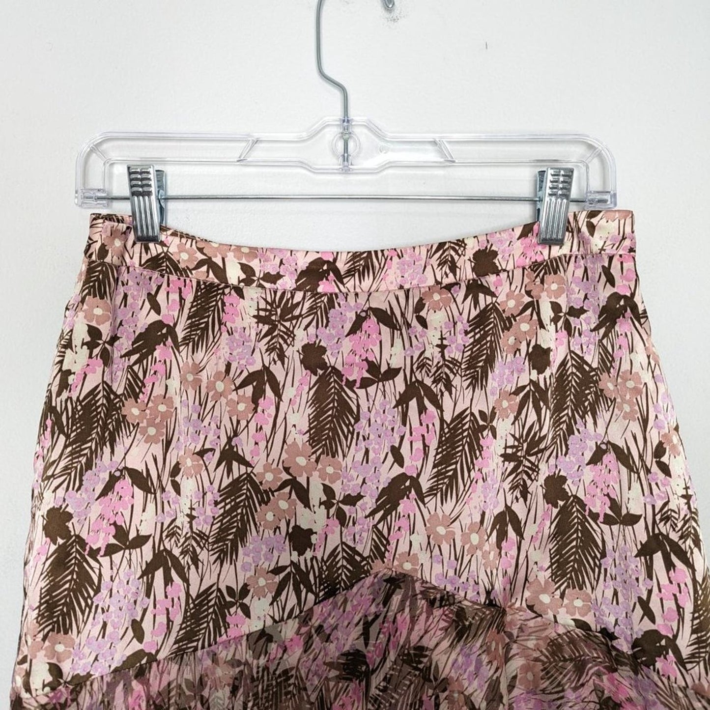 Fray Pink Palm Leaf Print Silk Layered Mini Skirt Side Zip Size 4