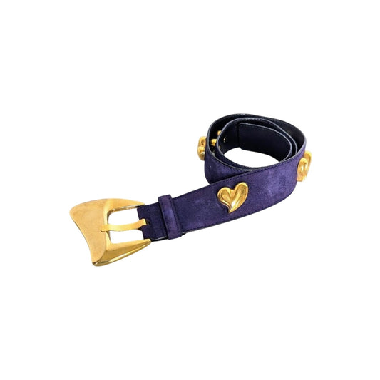 Escada Vintage Purple Suede Leather Belt Gold Tone Heart Studs 80s