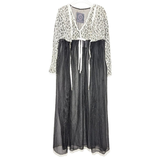 Vintage 1970's Sheer Black White Lace Nightgown And Robe Set Long Sleeve V-Neck