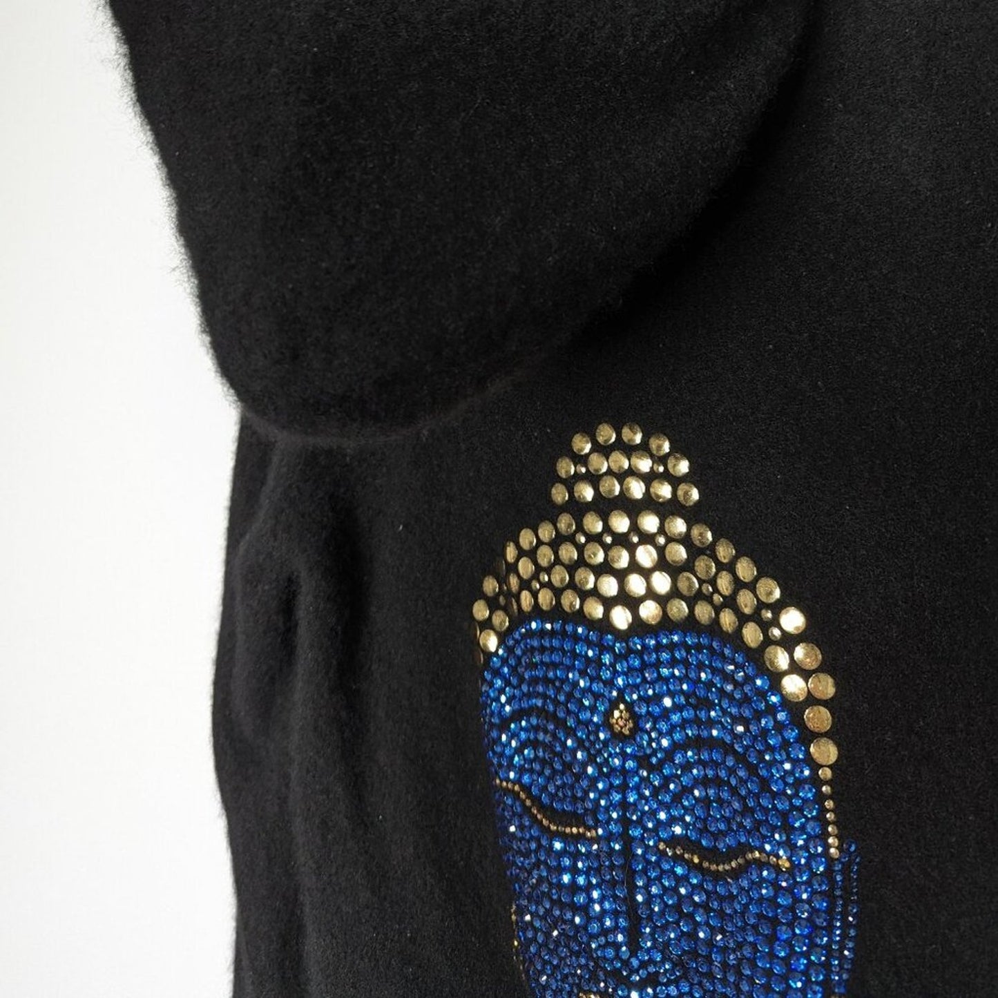 Cake Couture Black Long Sleeve Cashmere Zip Up Buddha Hoodie Rhinestone Studded