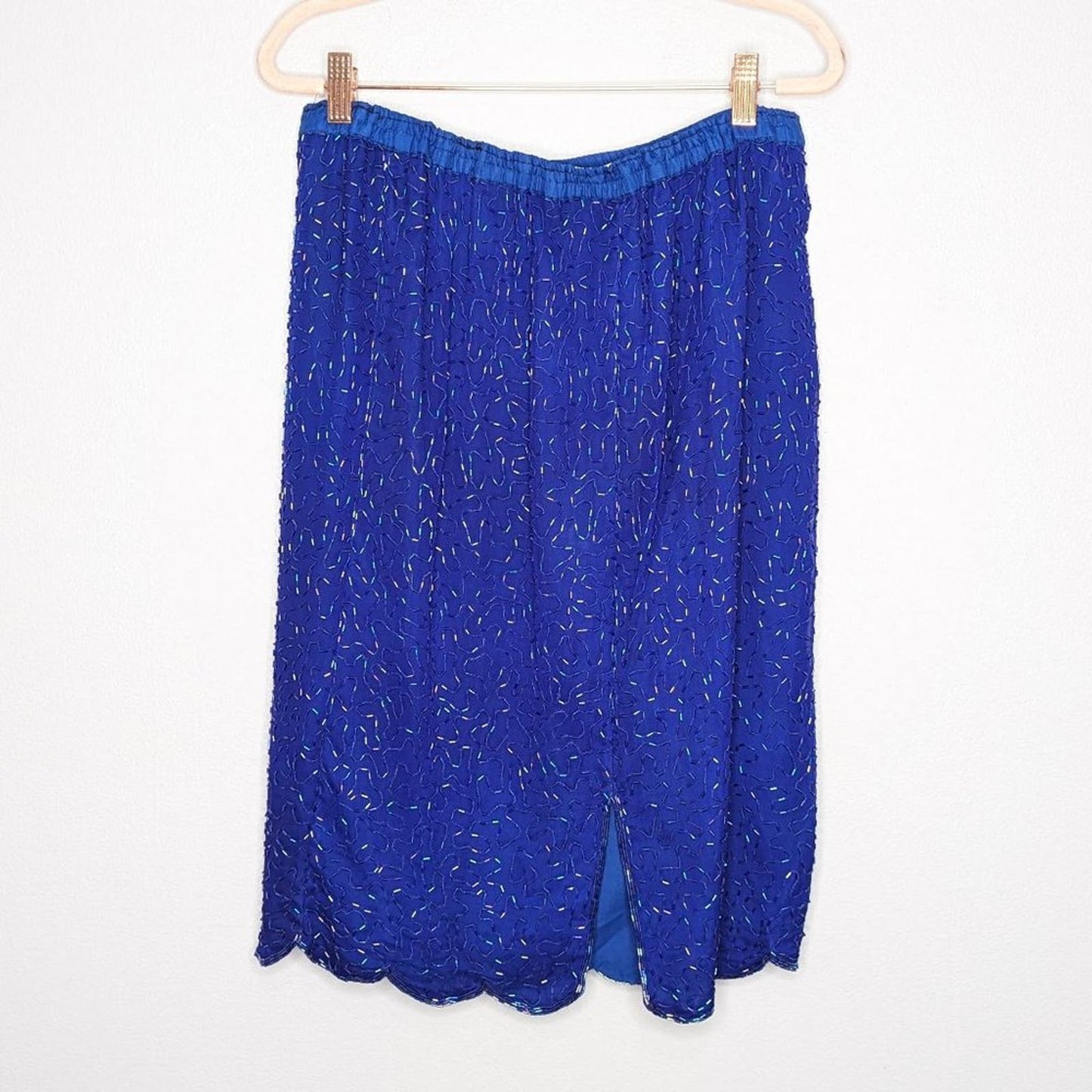 Vintage Stenay Blue Beaded Midi Silk Skirt Scalloped Edge Back Slit Size 8