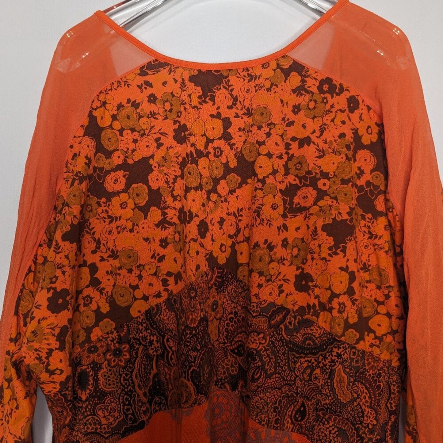 Language Orange Deep V-Neck Paisley Print Boho Blouse Semi Sheer Sleeve Size L