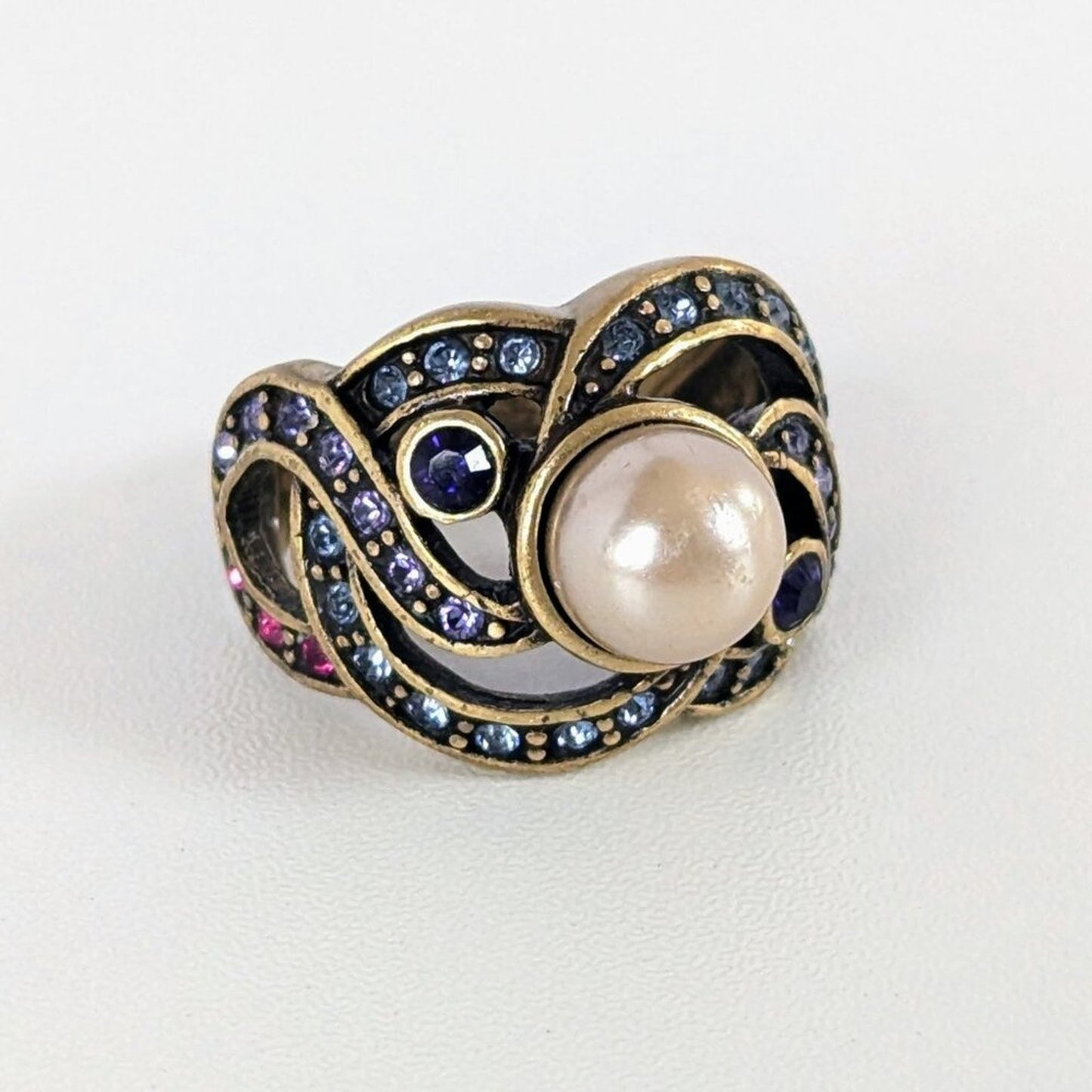 Vintage Heidi Daus Faux Pearl Amethyst Crystal Cocktail Ring Size 7