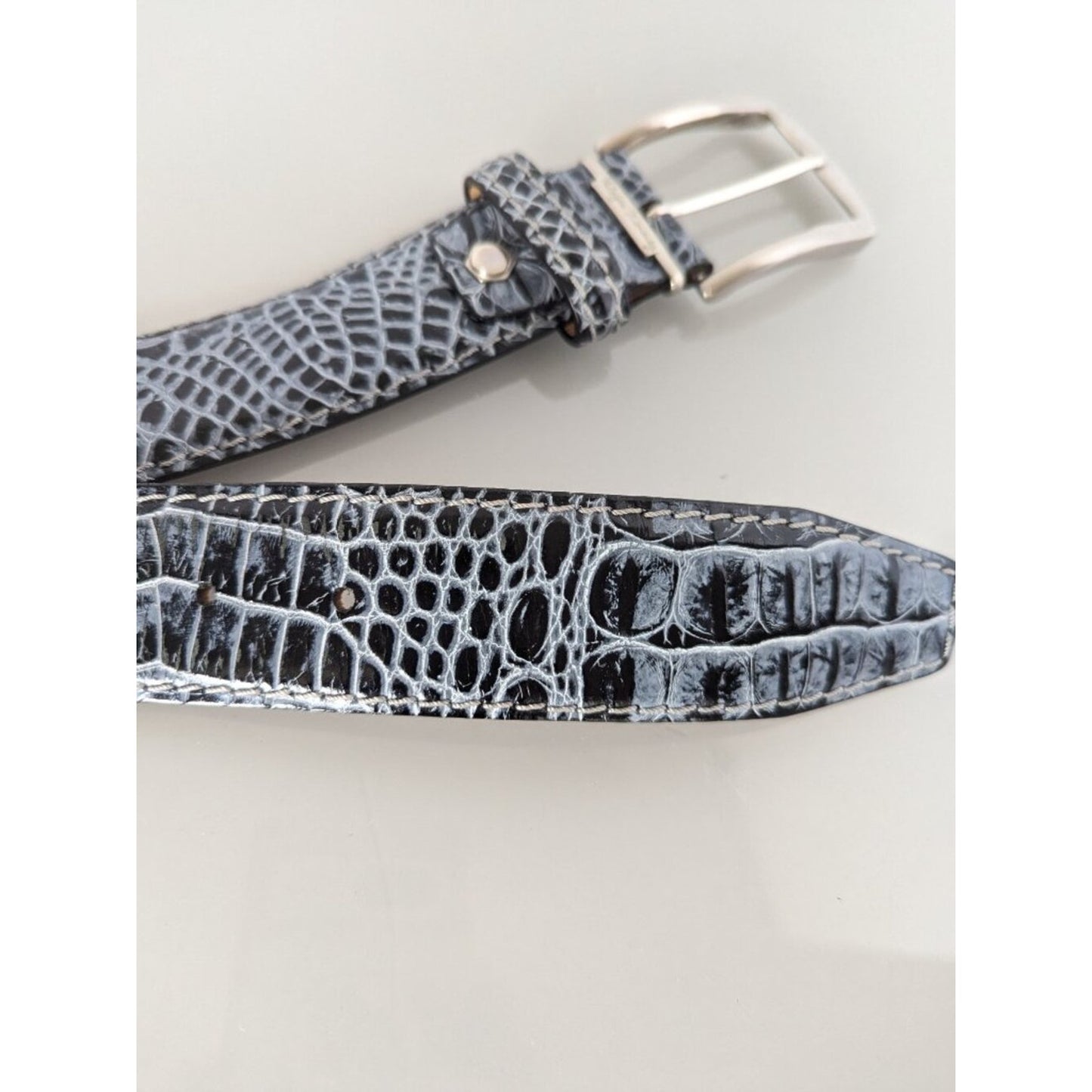 Roger Ximenez Black Shadow Mock Croc Embossed Italian Leather Belt Brass Buckle