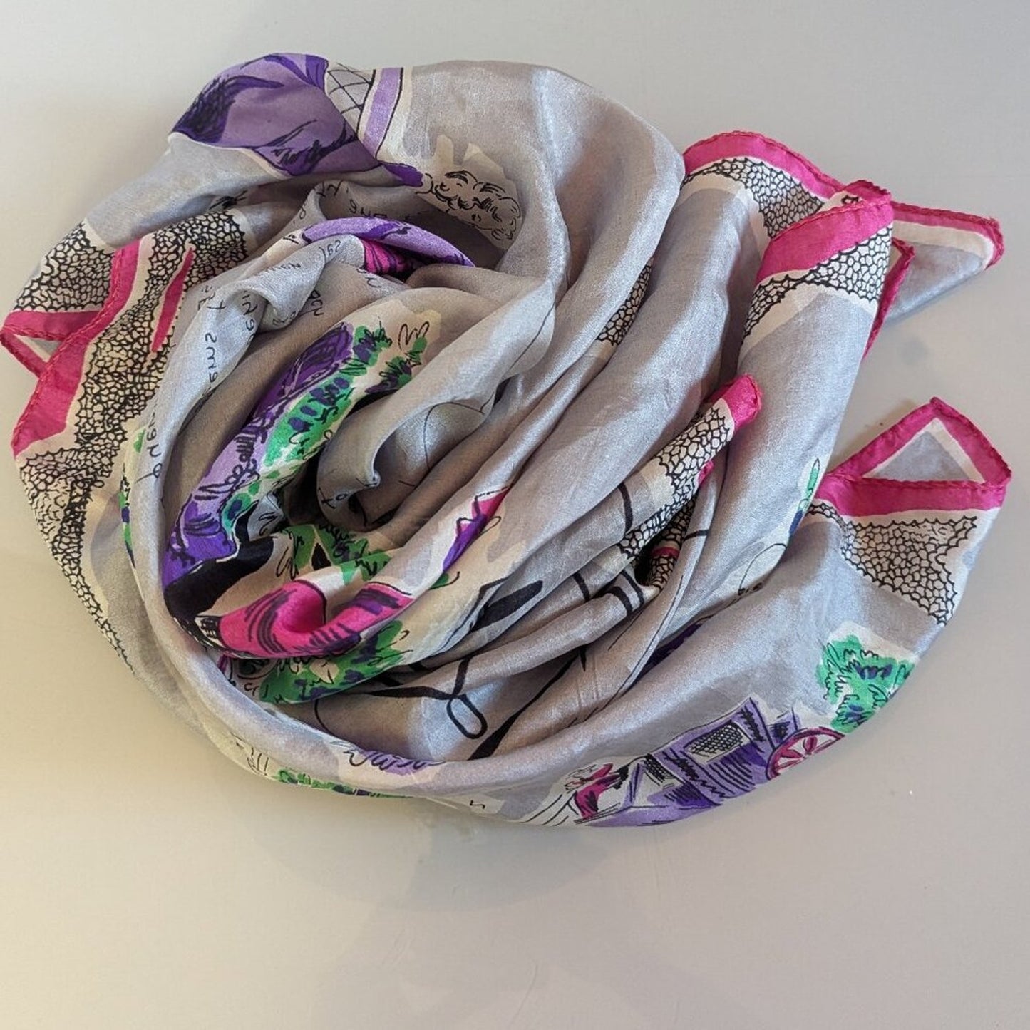 Vintage Gray Purple Silk Large Square Scarf Rococo Romance Imagery Rolled Edge