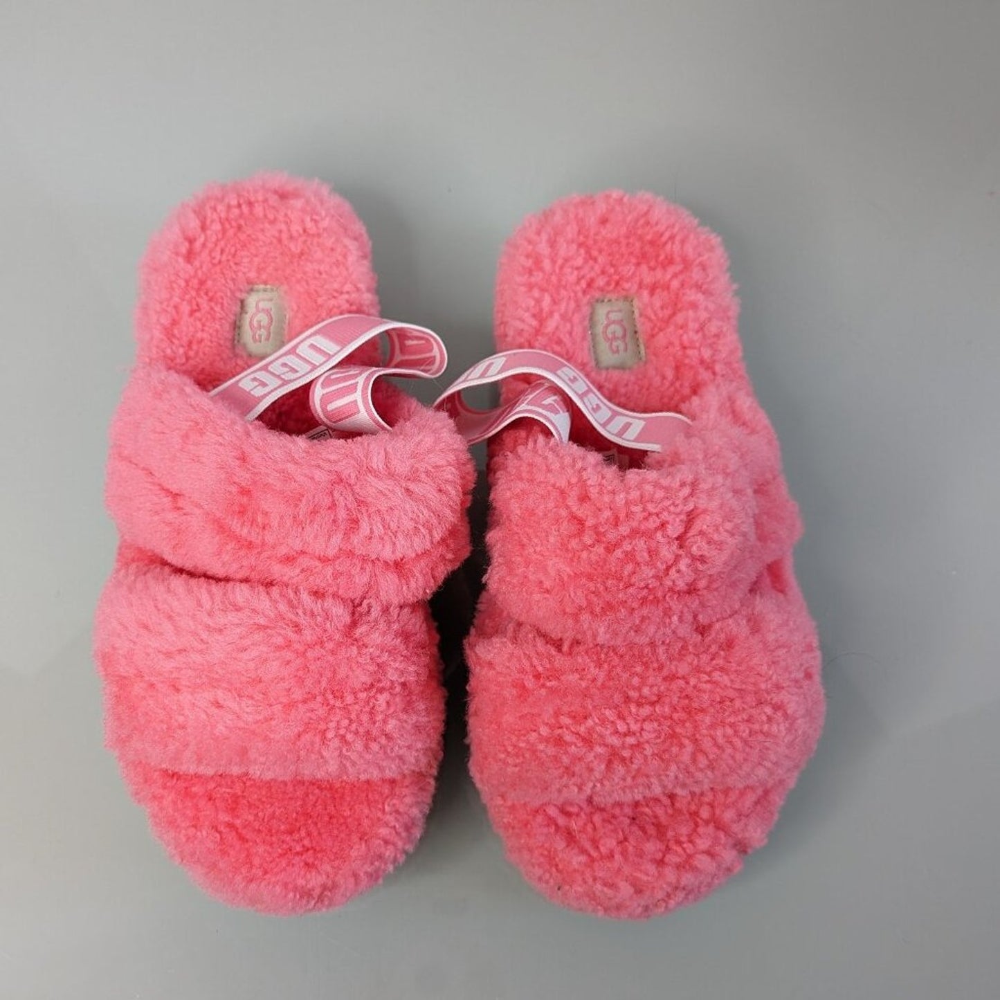 Ugg Pink Rose Oh Fluffita Slingback Sandals Logo Strap Shearling Platform 8 NWOT