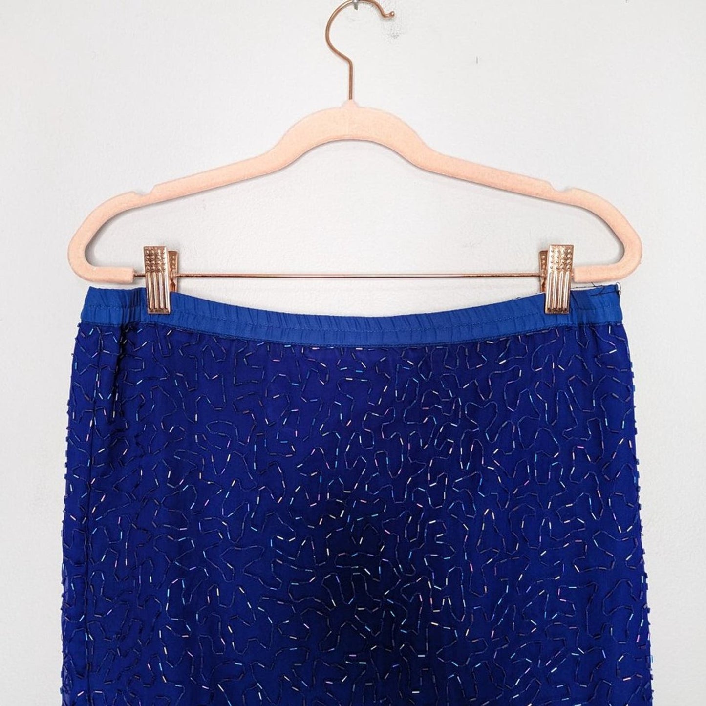 Vintage Stenay Blue Beaded Midi Silk Skirt Scalloped Edge Back Slit Size 8