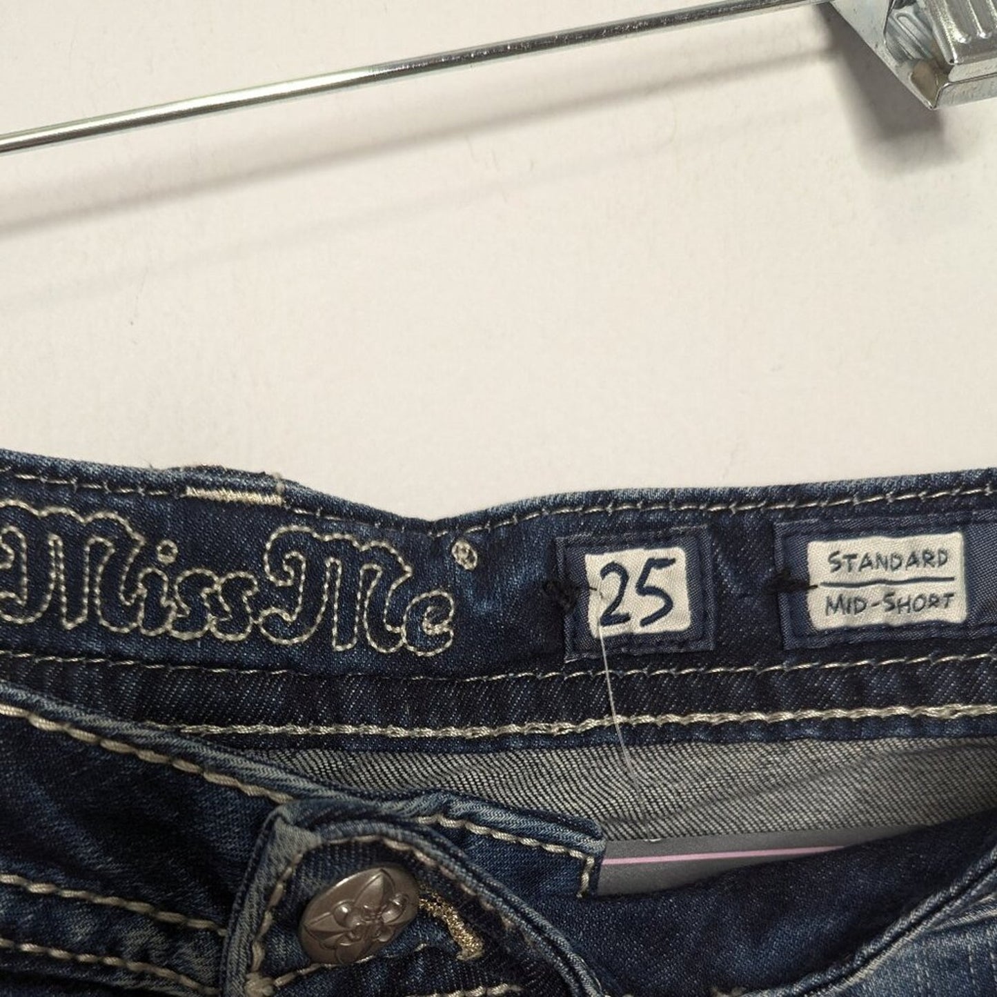 Miss Me Y2K Blue Denim Standard Mid Short Cutoff Metallic Embroidery Rhinestones