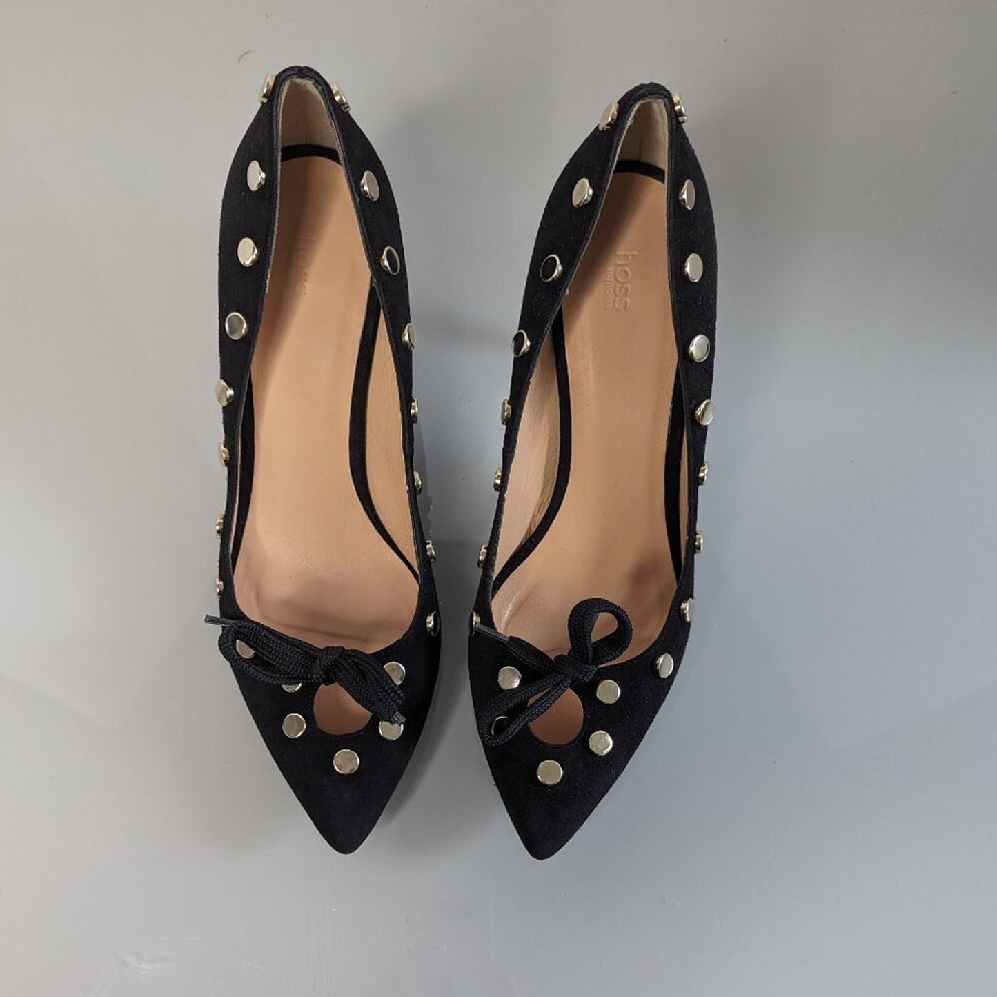 Anthropologie Hoss Intropia Black Pointed Toe Heels Gold Studs Cut Out Bows 37