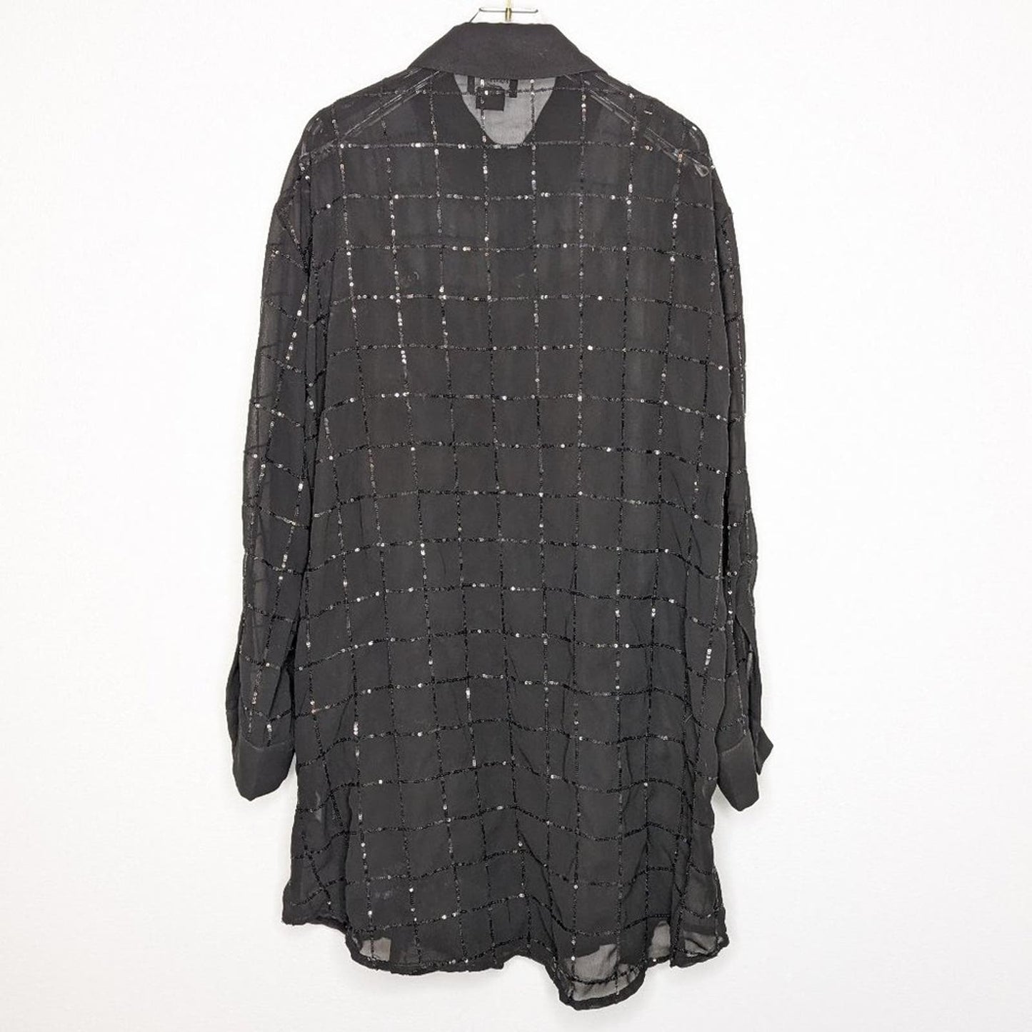 Anthropologie Rinku Dalamal Black Sequin Shirt Dress Long Sleeve Sheer Button Up