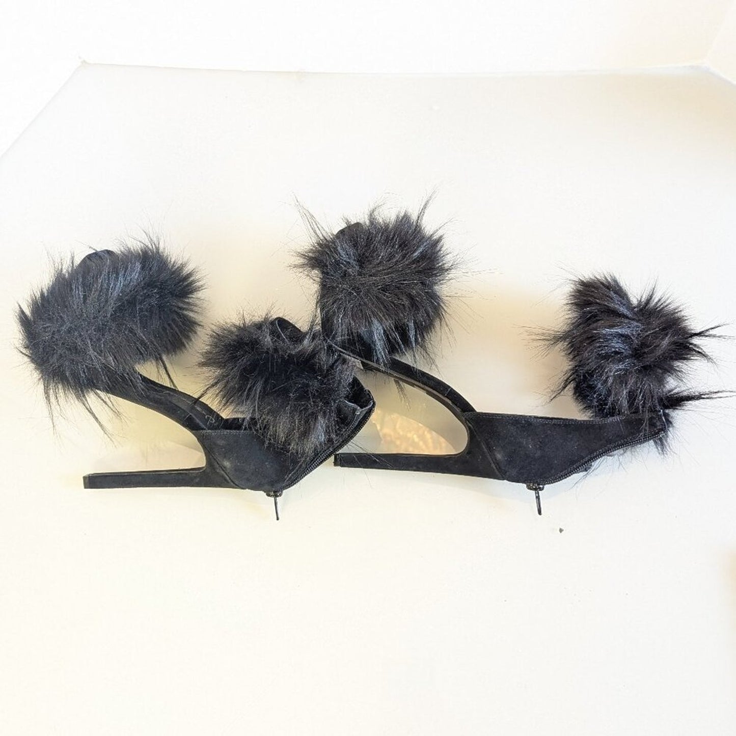Jeffrey Campbell Black Faux Fur Cookie Heels Open Toe Stiletto Fuzzy Y2K 7.5