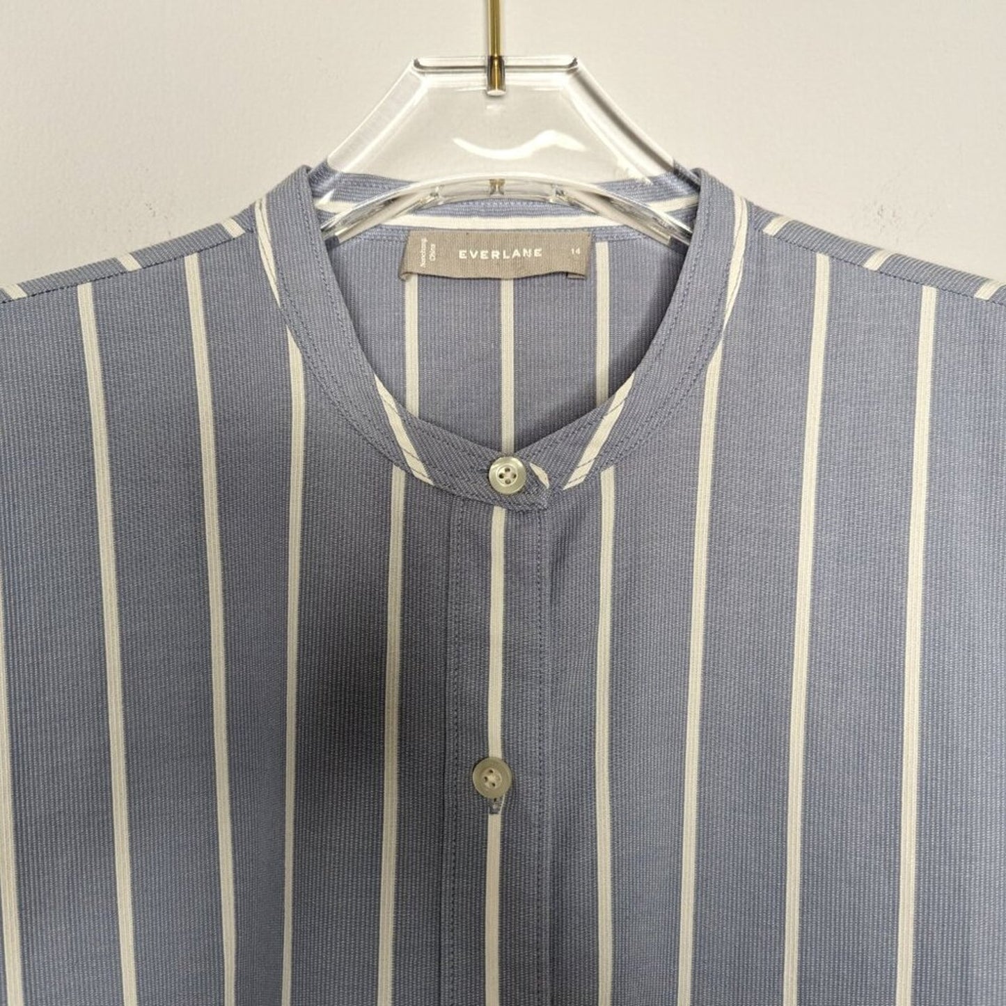 Everlane Blue White The Cotton Weave Collarless Shirtdress Striped Pockets 14