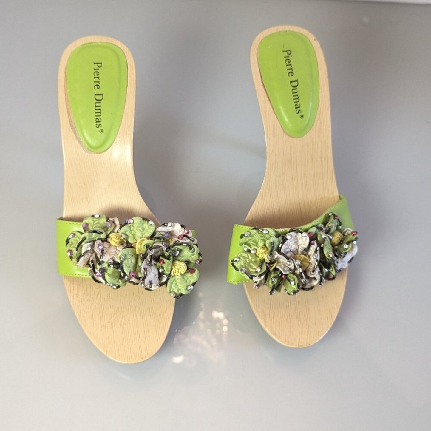 Pierre Dumas Vintage Y2K Lime Green Beaded Ruffle Sandals Slip On Heels Size 9