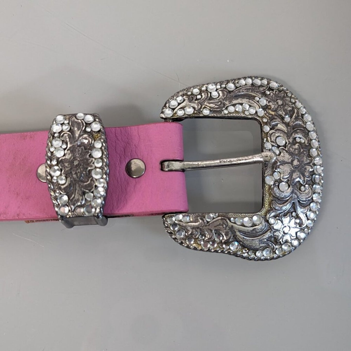 Nocona Belt Co Pink Leather Adjustable Belt Silver Studs Rhinestone Studded L