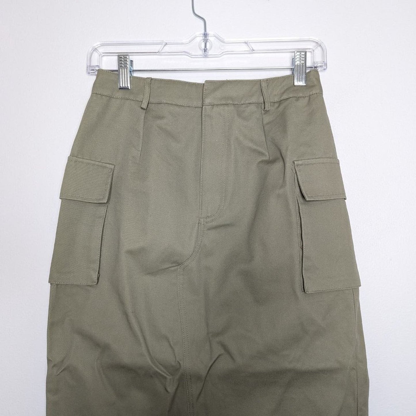 Beige Botany Army Green Cotton Cargo Midi Skirt Back Slit Pockets Size S