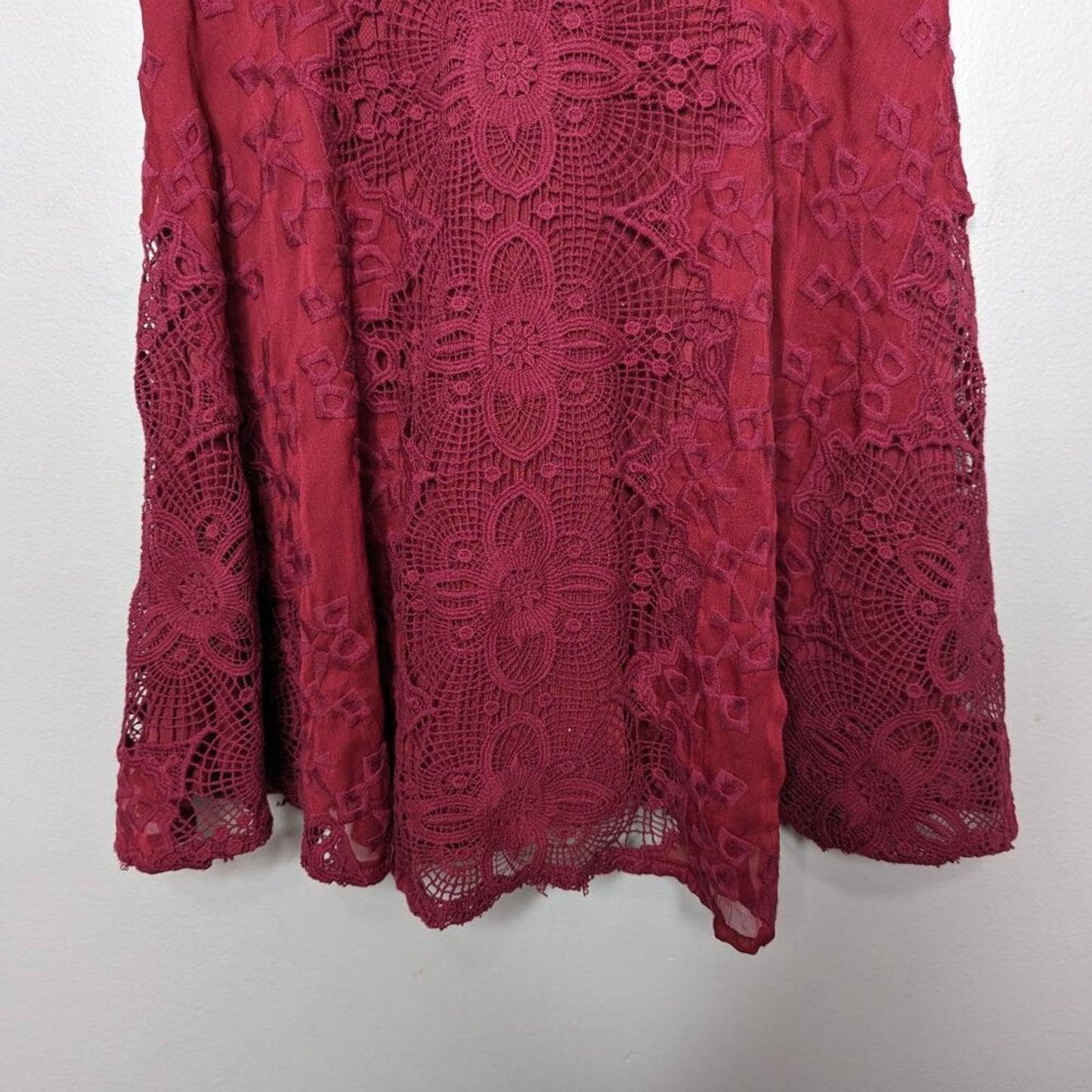 For Love And Lemons Burgundy Sienna Mini Dress Deep V-Neck Short Sleeve Lace M