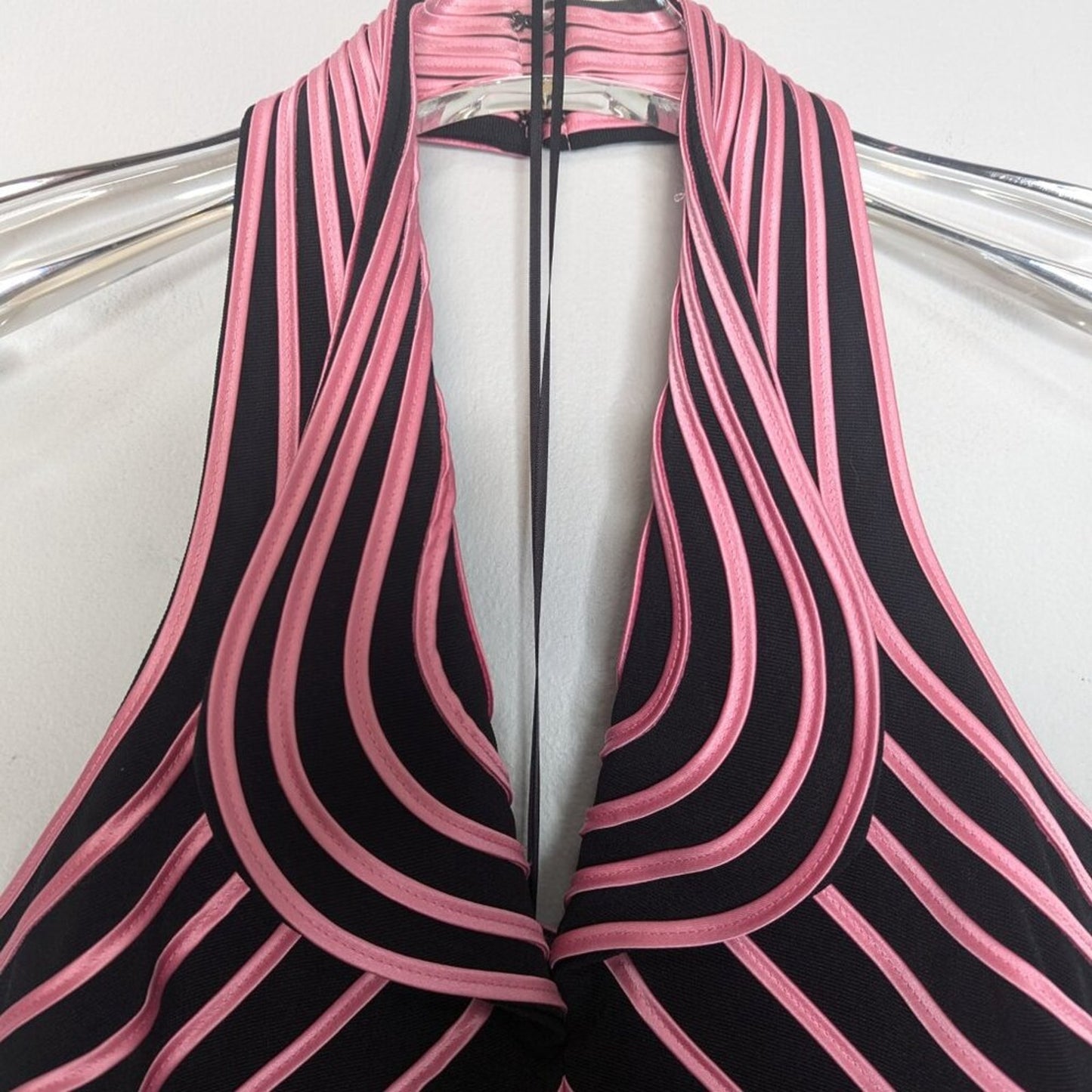 JS Collections Vintage Y2K Black And Hot Pink Halter Tank Top Striped V-Neck 14