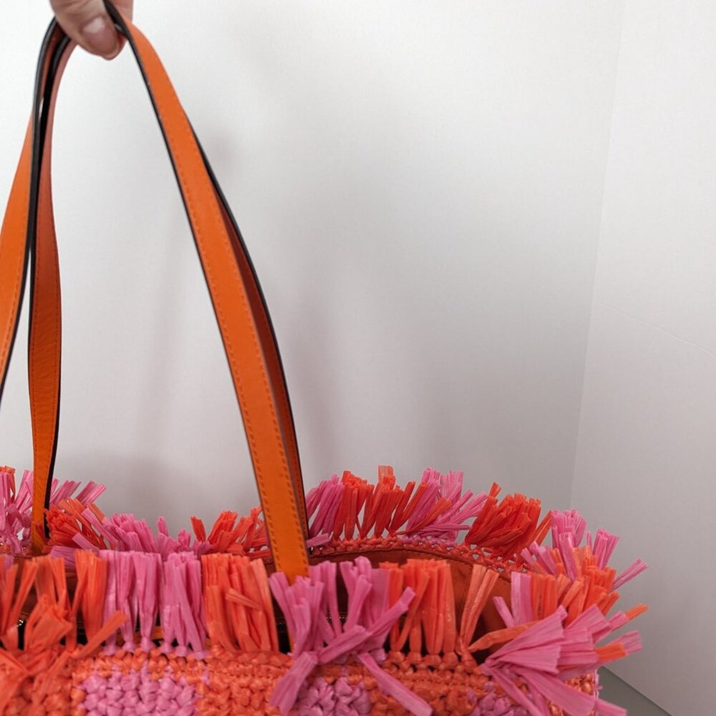 Kate Spade New York Pink Orange Sam Stripe Straw Large Tote Bag Woven Beach