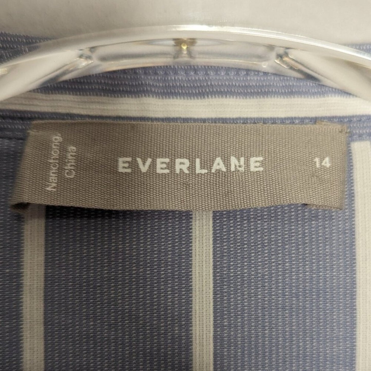 Everlane Blue White The Cotton Weave Collarless Shirtdress Striped Pockets 14