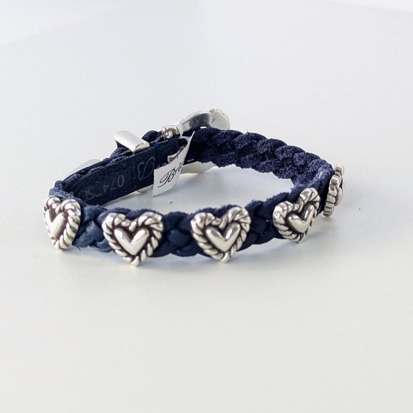 Brighton Navy Roped Heart Braid Bandit Leather Bracelet Adjustable Buckle NWT