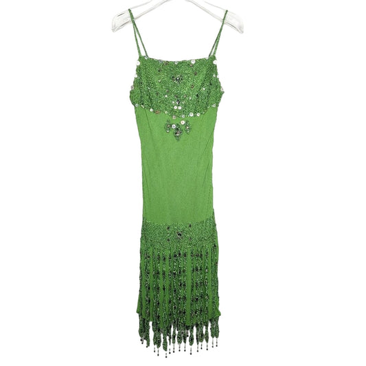 Sue Wong Vintage Green Silk Midi Dress Y2K Crochet Fringe Beaded Sleeveless 6