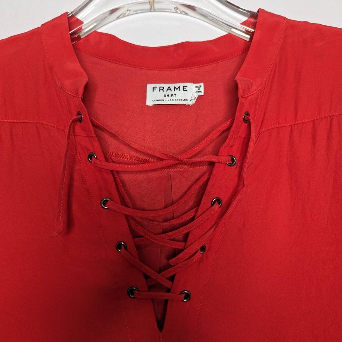 Frame Le Lace-Up Silk Shift Dress Blood Orange Red Short Sleeve Pockets Size M