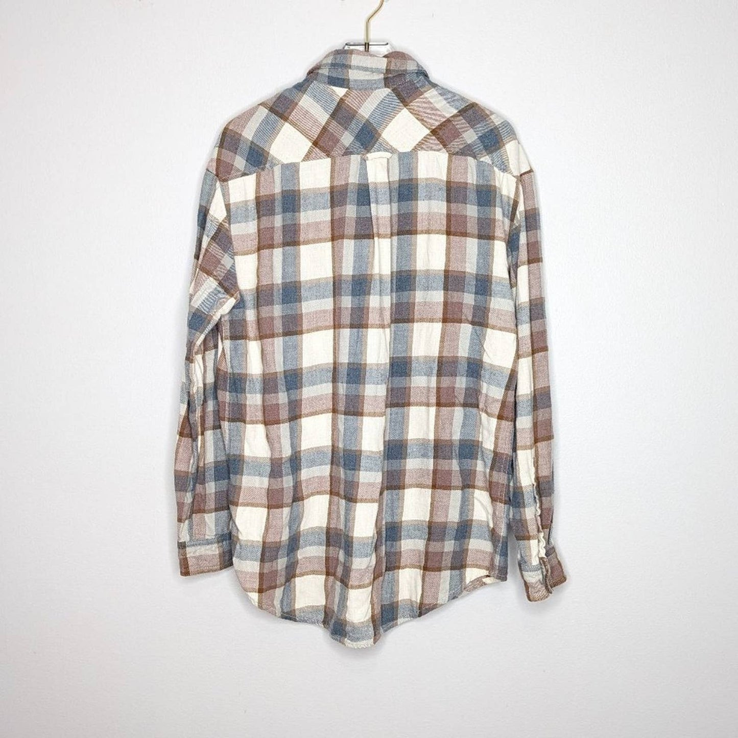 Aritzia Wilfred Free Brown Blue Plaid Flannel Shirt Long Sleeve Button Up Size M