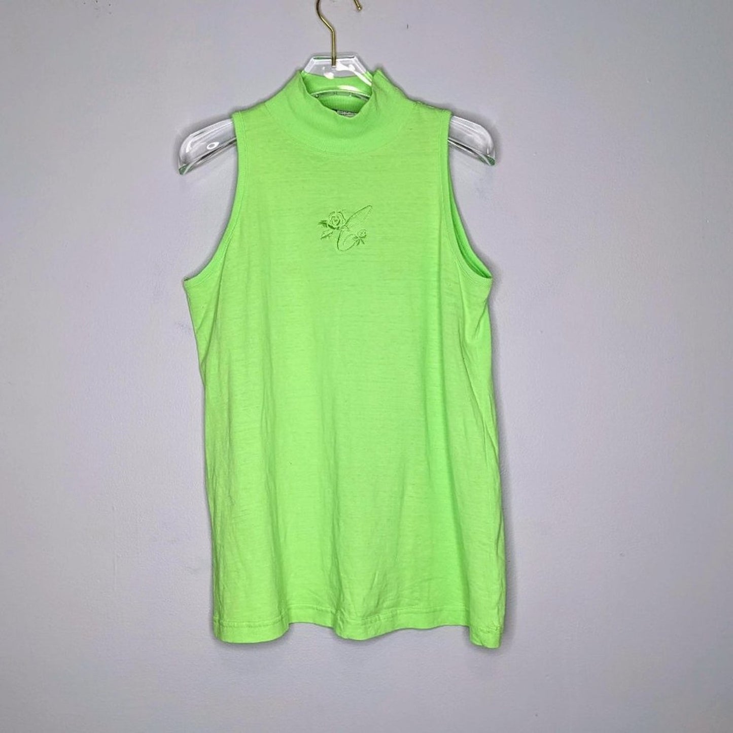 Croquet Club Vintage Neon Green Sleeveless Top Mock Neck Floral Embroidery