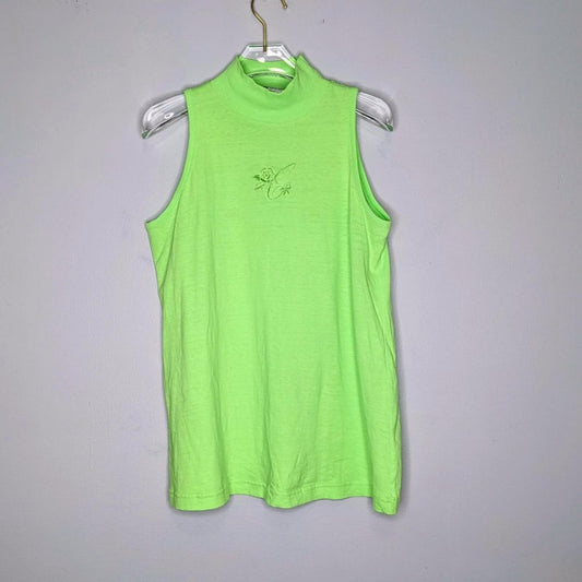 Croquet Club Vintage Neon Green Sleeveless Top Mock Neck Floral Embroidery