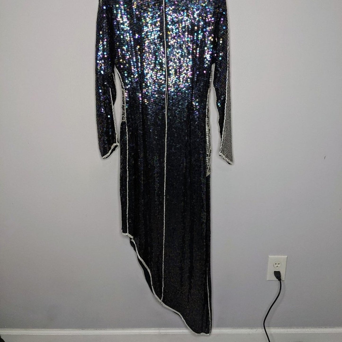 Vintage Dominique Silver Oil Slick Sequin Beaded Long Sleeve Maxi Dress Size S