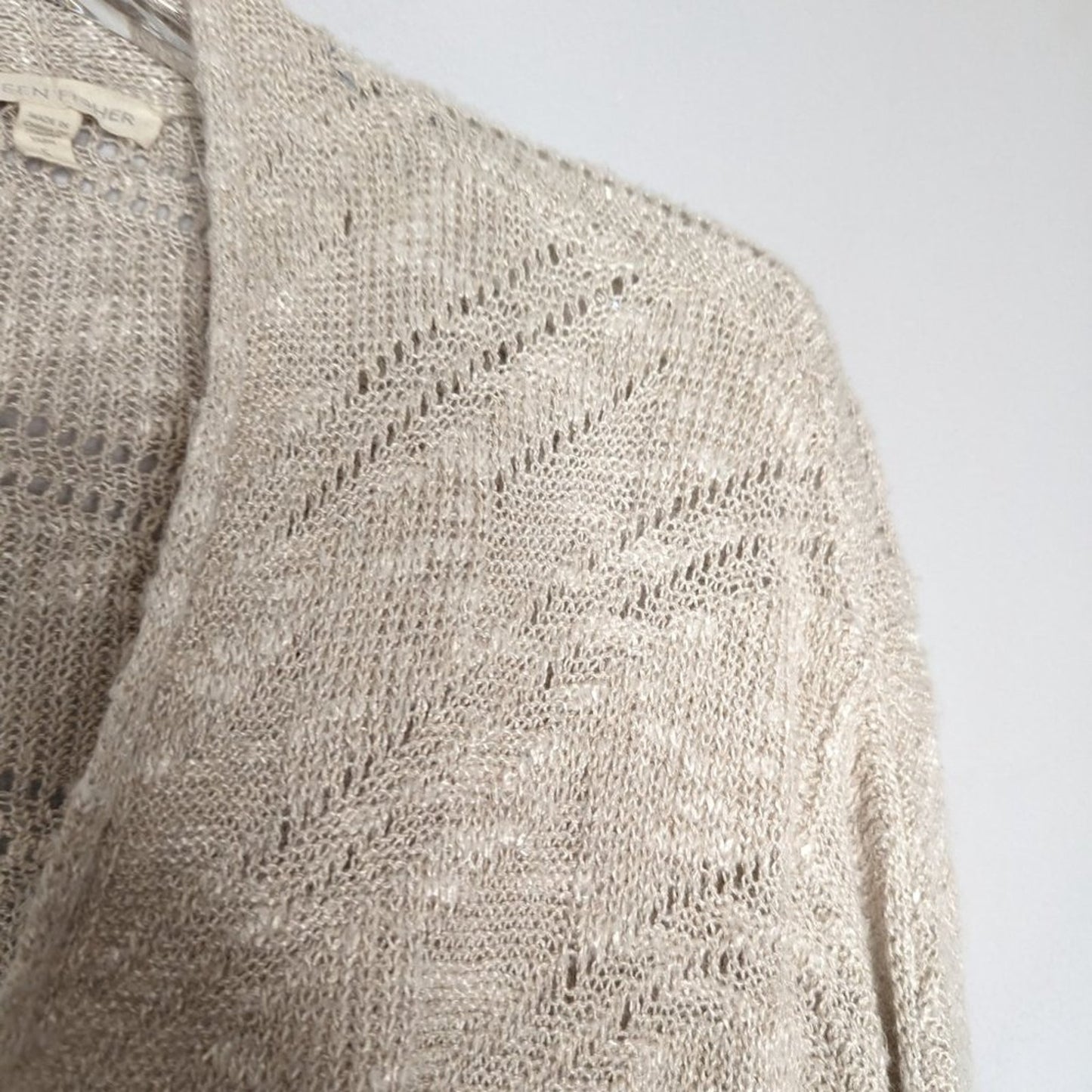 Eileen Fisher Taupe Linen Blend Short Sleeve Open Front Knit Cardigan Size S