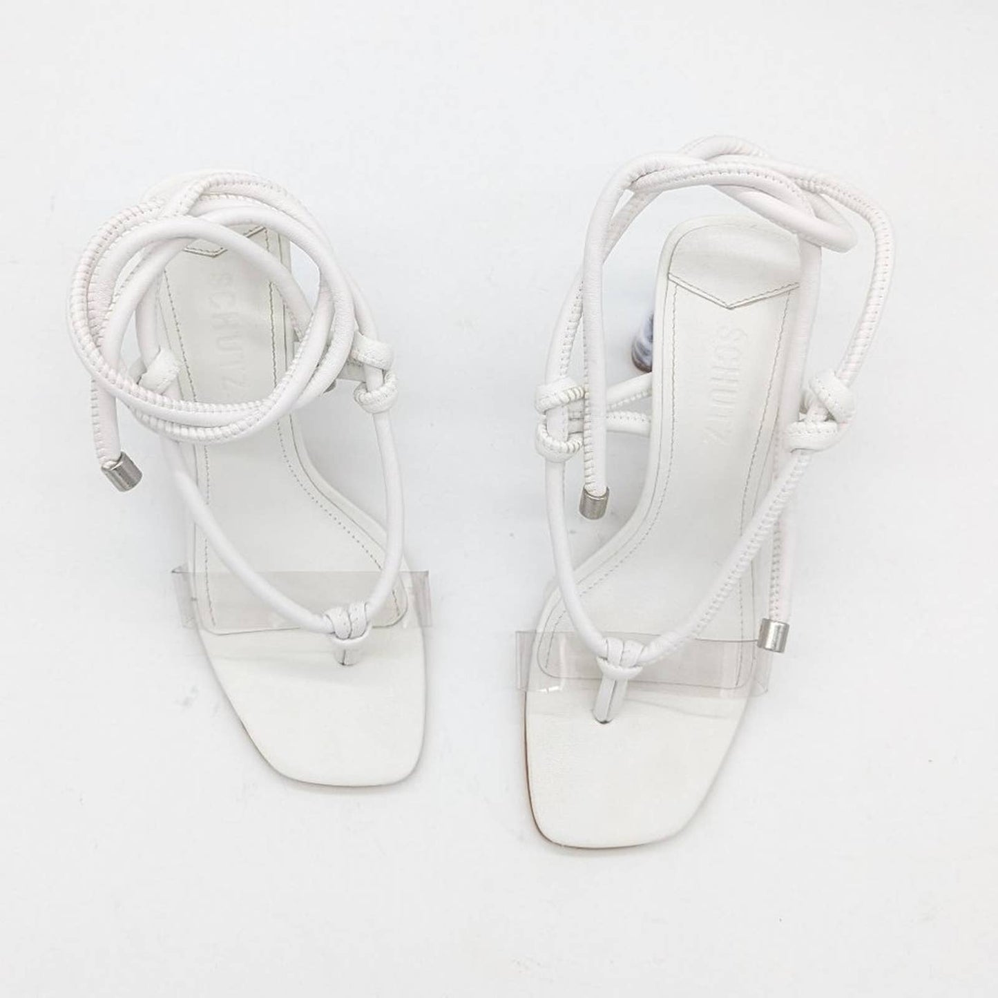 Schutz White Siena Ankle Wrap Sandal Square Toe Clear Heel Knotted Detail Size 7