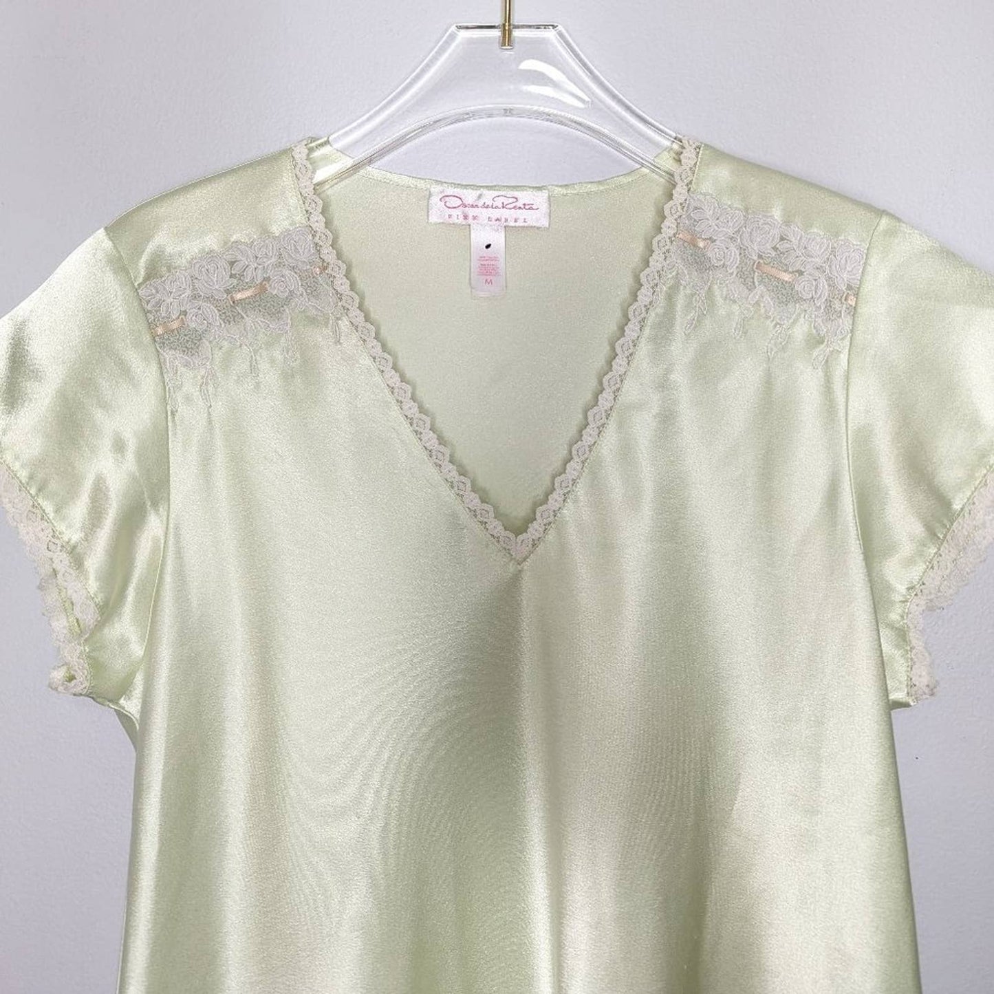 Oscar De La Renta Pastel Green Satin Dress Short Sleeve V-Neck Lace Trim Size M