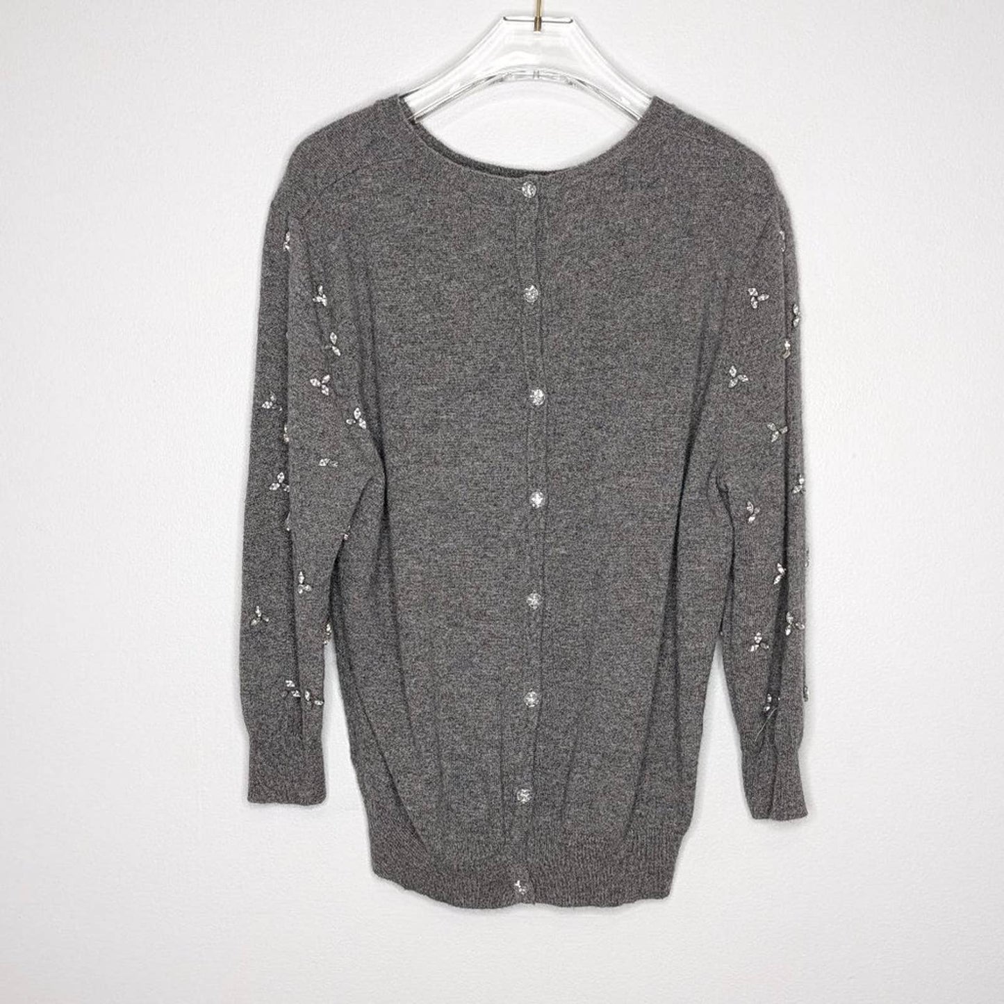 Not Shy Gray Cashmere Sweater Long Sleeve With Rhinestones Button Back Size XL