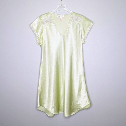 Oscar De La Renta Pastel Green Satin Dress Short Sleeve V-Neck Lace Trim Size M